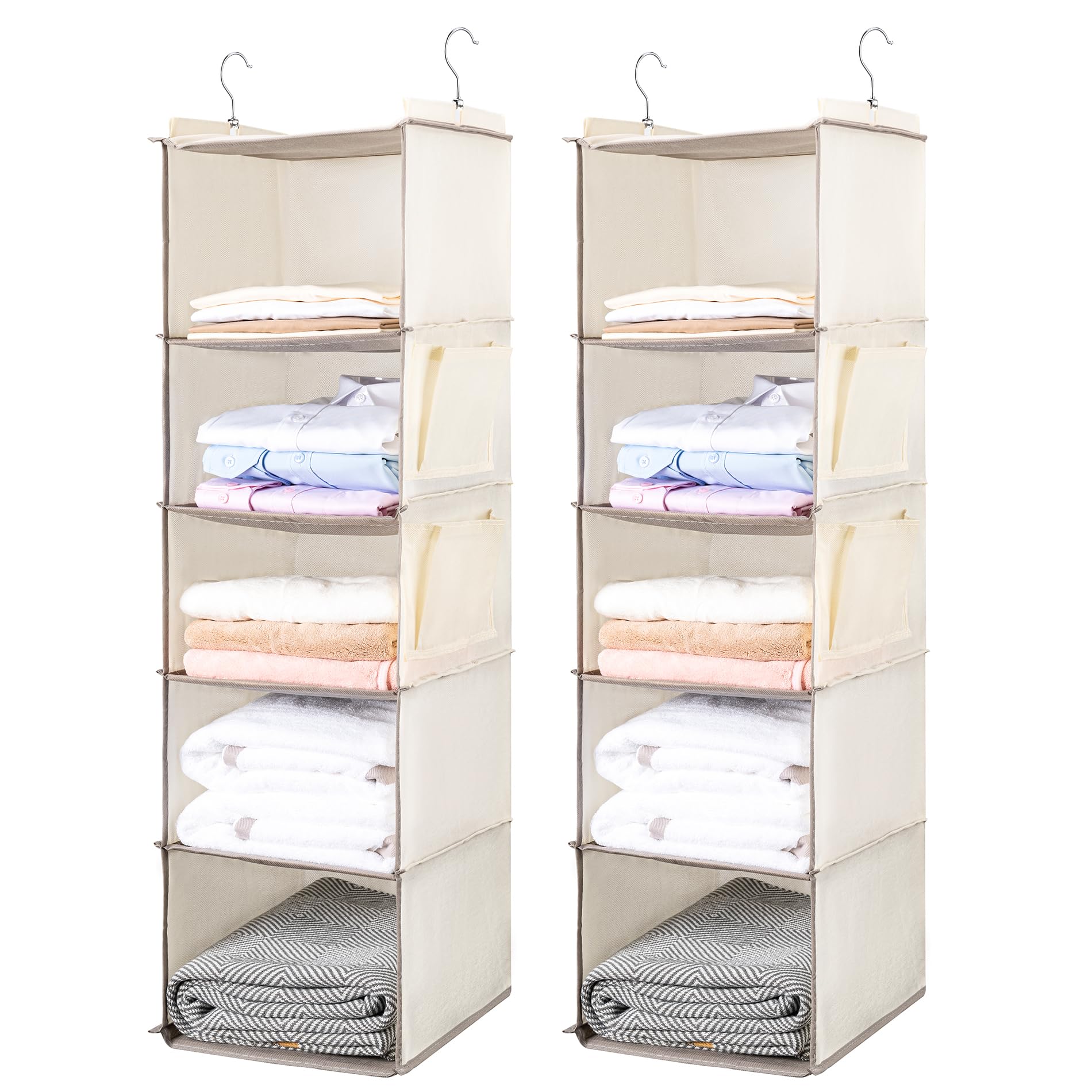 BOOMIBOO Hanging Closet Organize and Shelves，5-Hanging Shelf with 2 Side Pockets，Storage Foldable