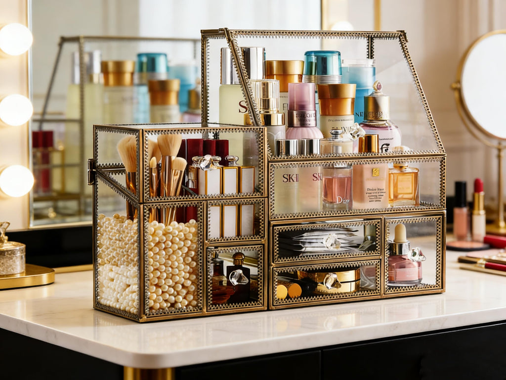 Glass Bathroom Organizer Stackable Drawer Set Makeup Organizer for Vanity Antique Countertop Cosmetic Storage Box Mirror Glass Beauty Display, Holder for Brushes Lipsticks Skincare Toner/free Pearl