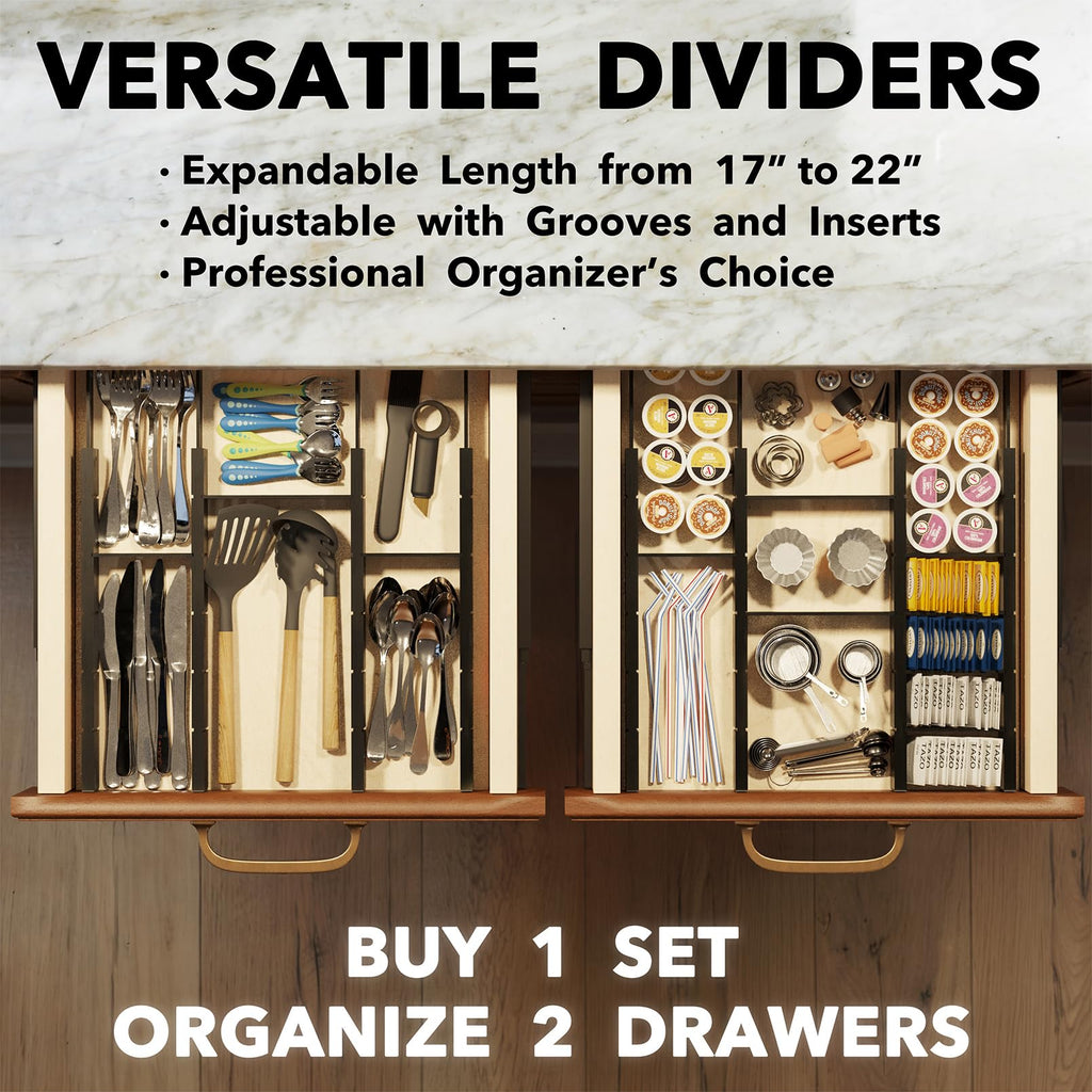 SpaceAid Bamboo Drawer Dividers with Inserts and Labels, Kitchen Adjustable Drawer Organizers, Expandable Organization for Home, Office, Dressers, 4 Dividers with 9 Inserts