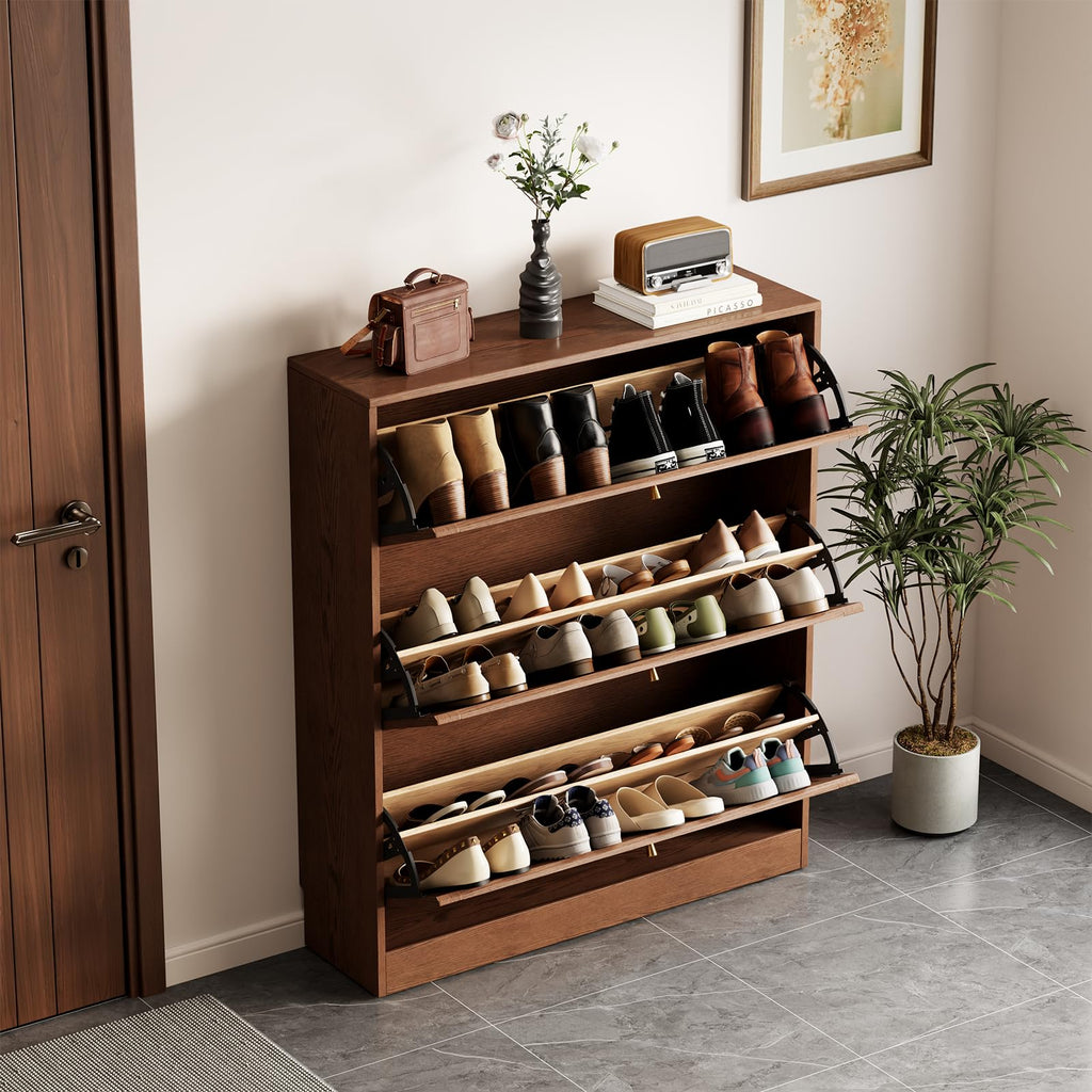 Wood Shoe Storage Cabinet with Flip Drawers