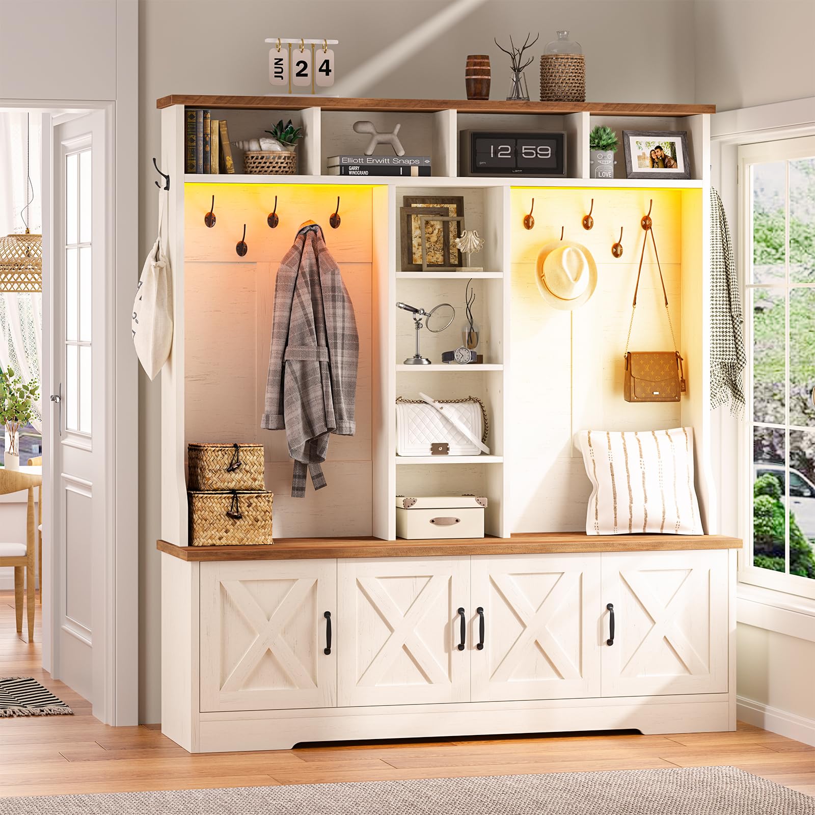 CSZZD Hall Tree with Bench and Shoe Storage, Farmhouse Entryway Bench with Coat Racks and Led Lights, Tall Hall Tree with 7 Coat Hooks, 6 Storage Cubbies