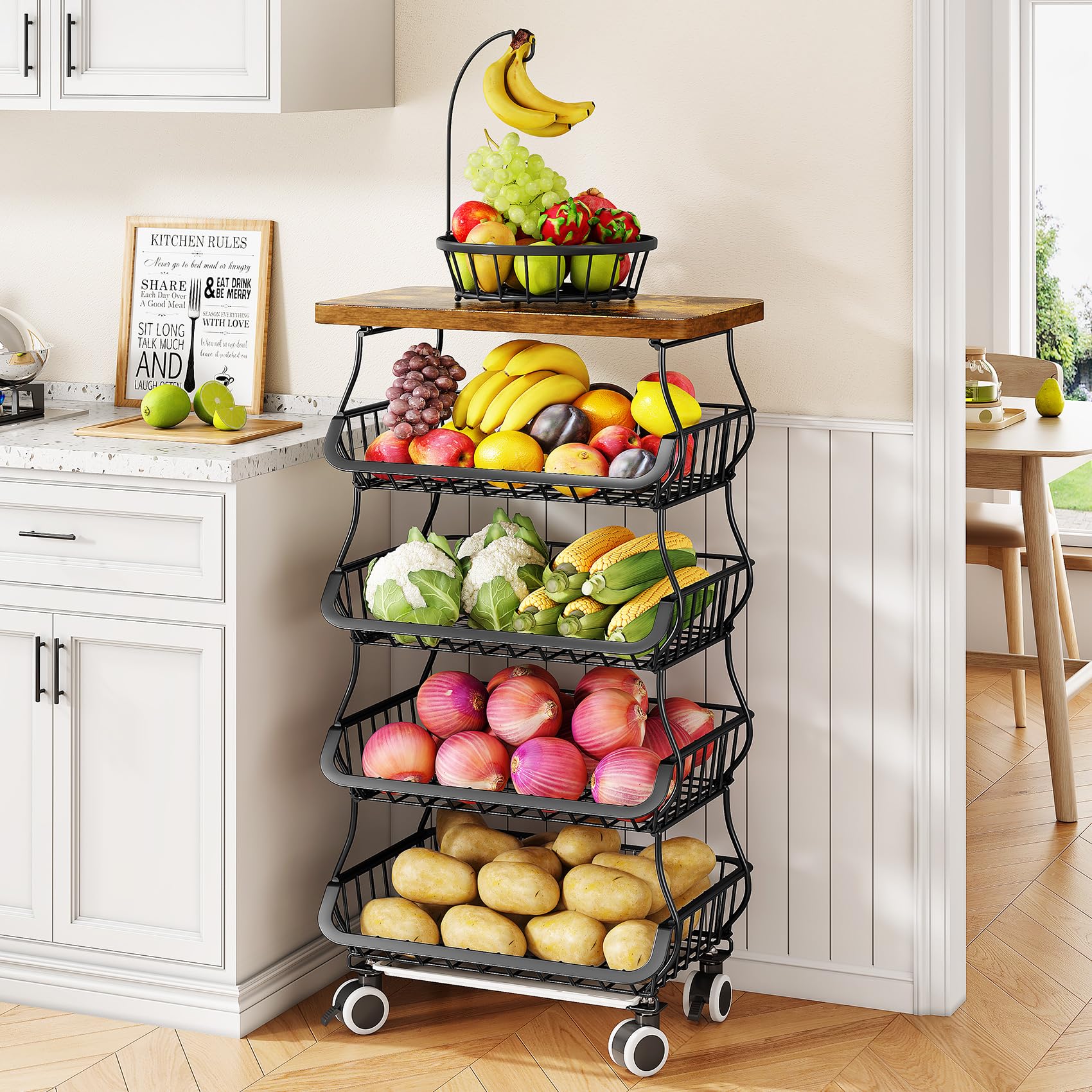 SAYZH Fruit Basket Kitchen Pantry Organizers and Storage - Wooden Top Table, Stackable Metal Wire Basket Stand Cart for Fruit Vegetable Snacks Onion Potato Organization
