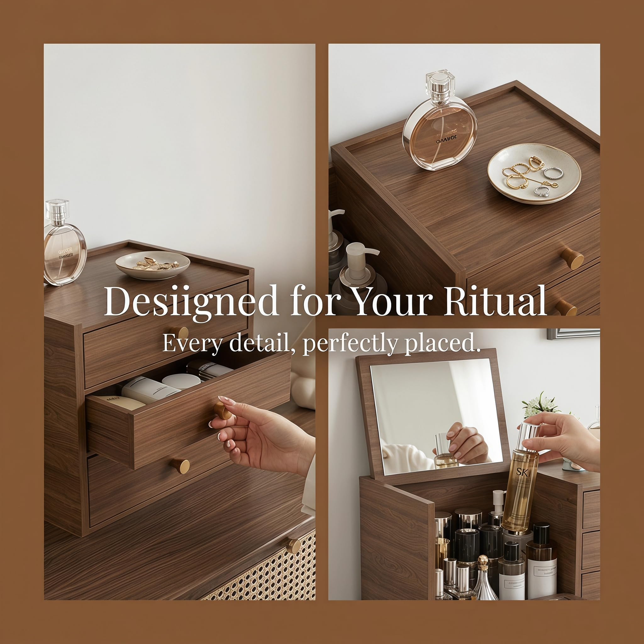 SHENJIA Wooden Makeup Organizer with 4 Drawers and Built-in Mirror - Solid Wood Storage Box for Makeup Accessories and Jewelry - Compact Dressing Table Organizer
