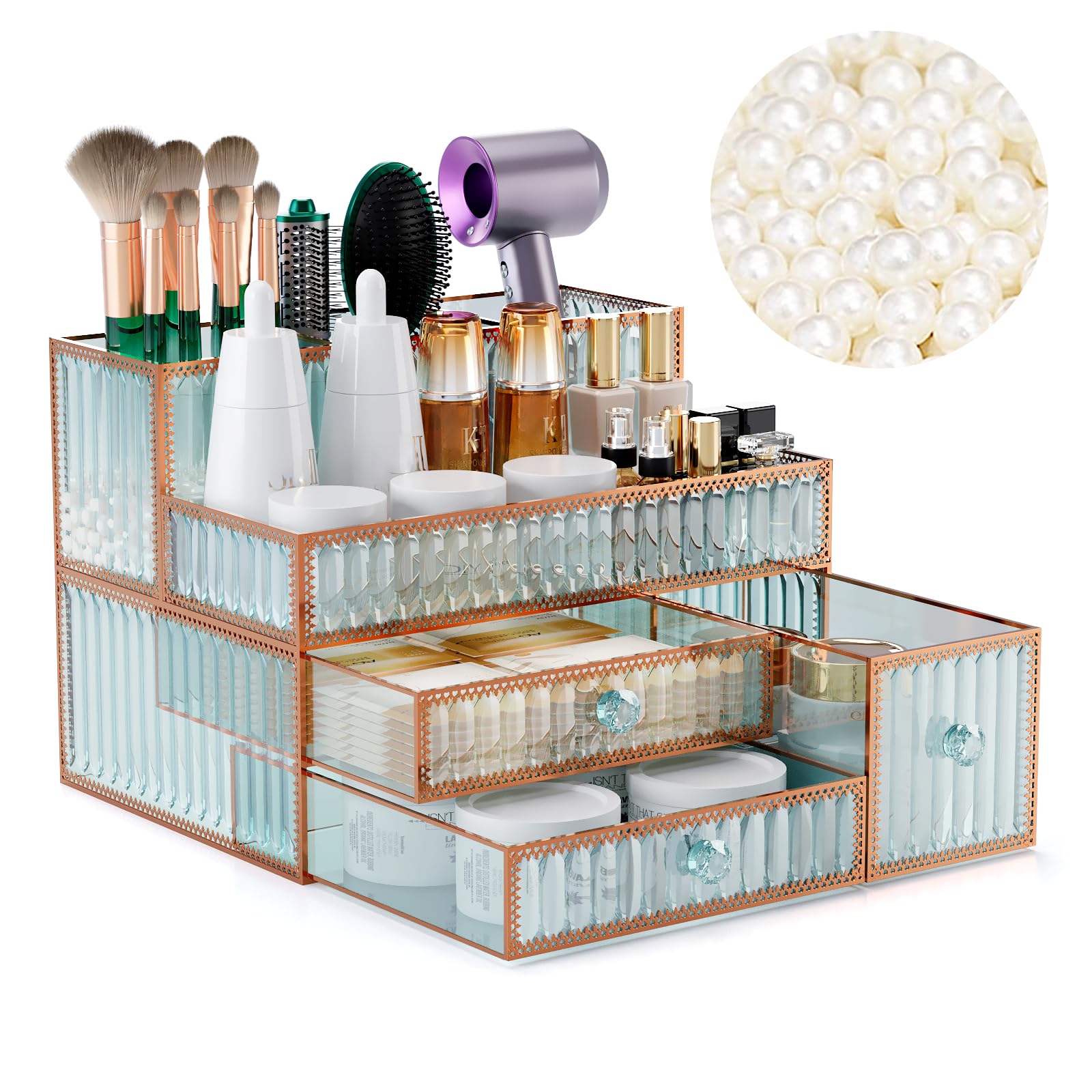 Youdepot Makeup Organizer - Tempered Glass Vanity Organizer for Cosmetics, Skincare, Hair Tools, Brushes, Perfume - Multipurpose Bathroom Counter Skincare Organizer