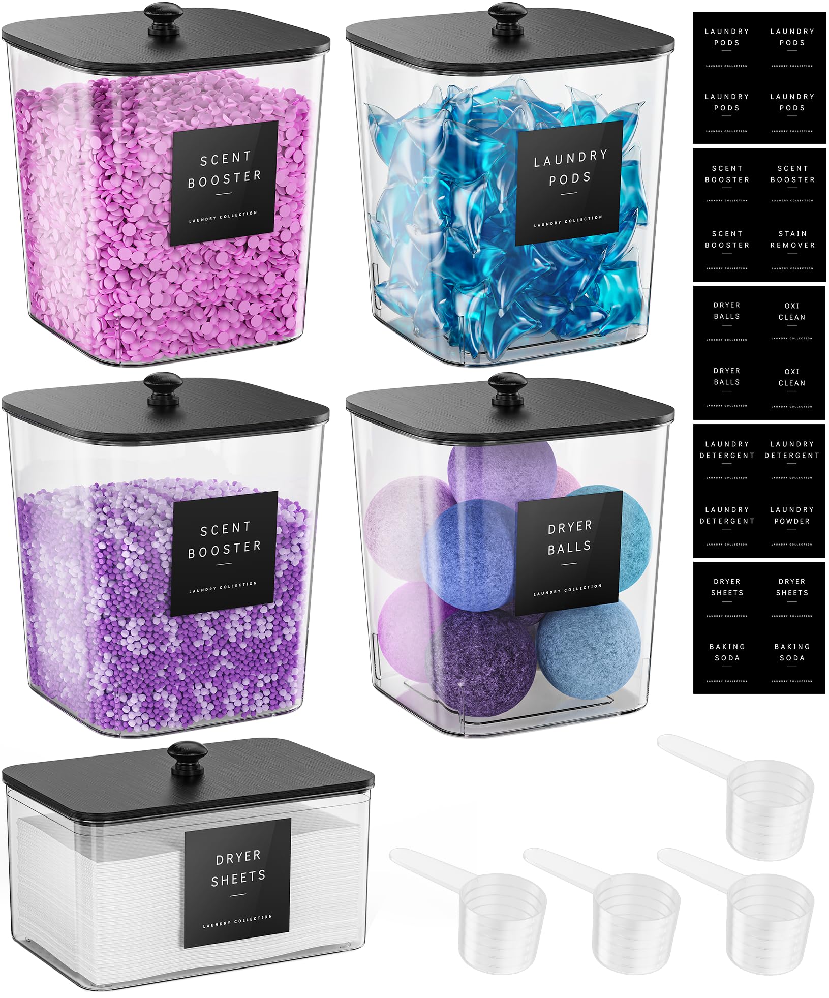 Moforoco 4 Pack Laundry Pods Container, Clear Laundry Room Organization Containers,Large Detergent Powder Storage, Black Wooden Lids & Labels, Acrylic Pods Holder