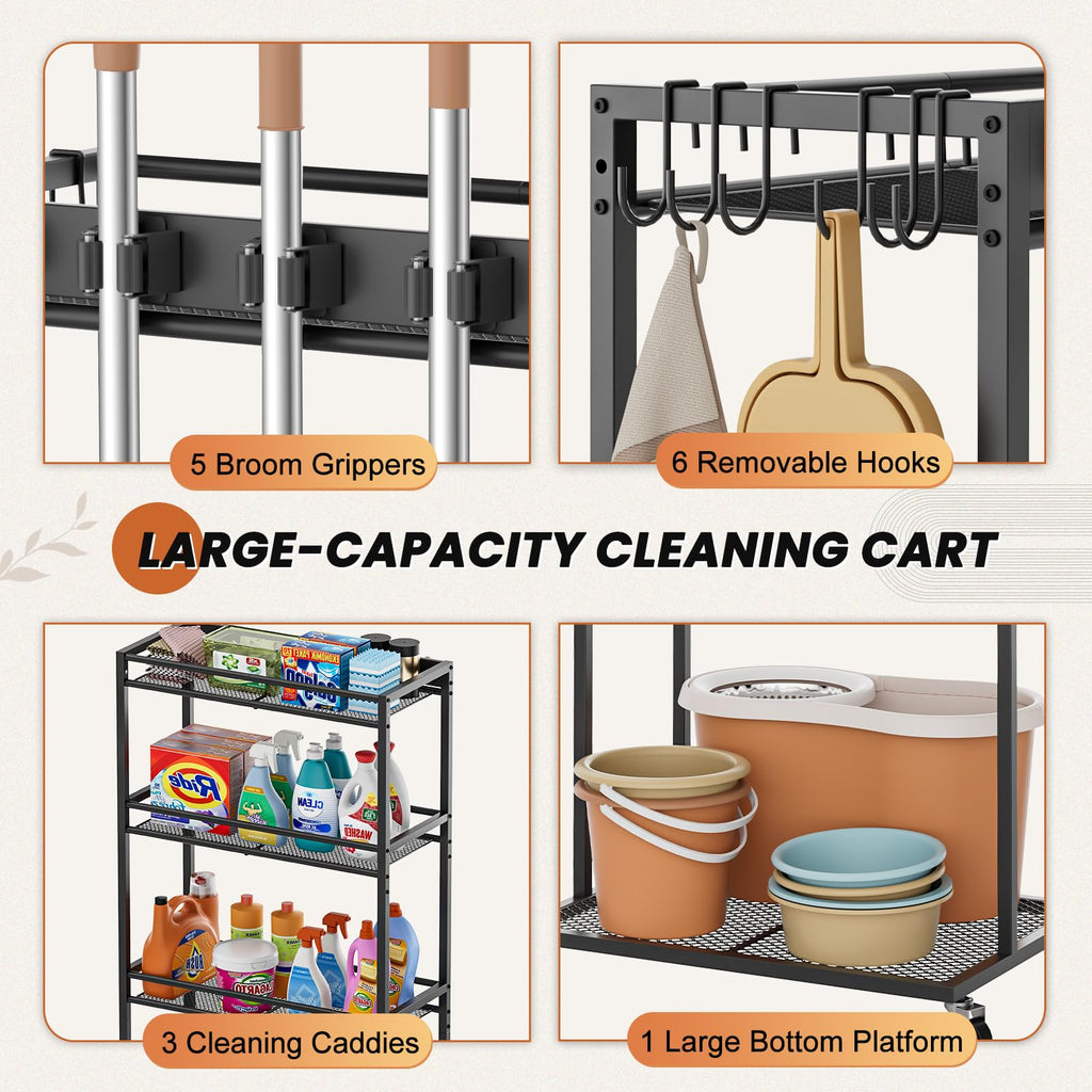 Broom Holder with Cleaning Supplies Organizer