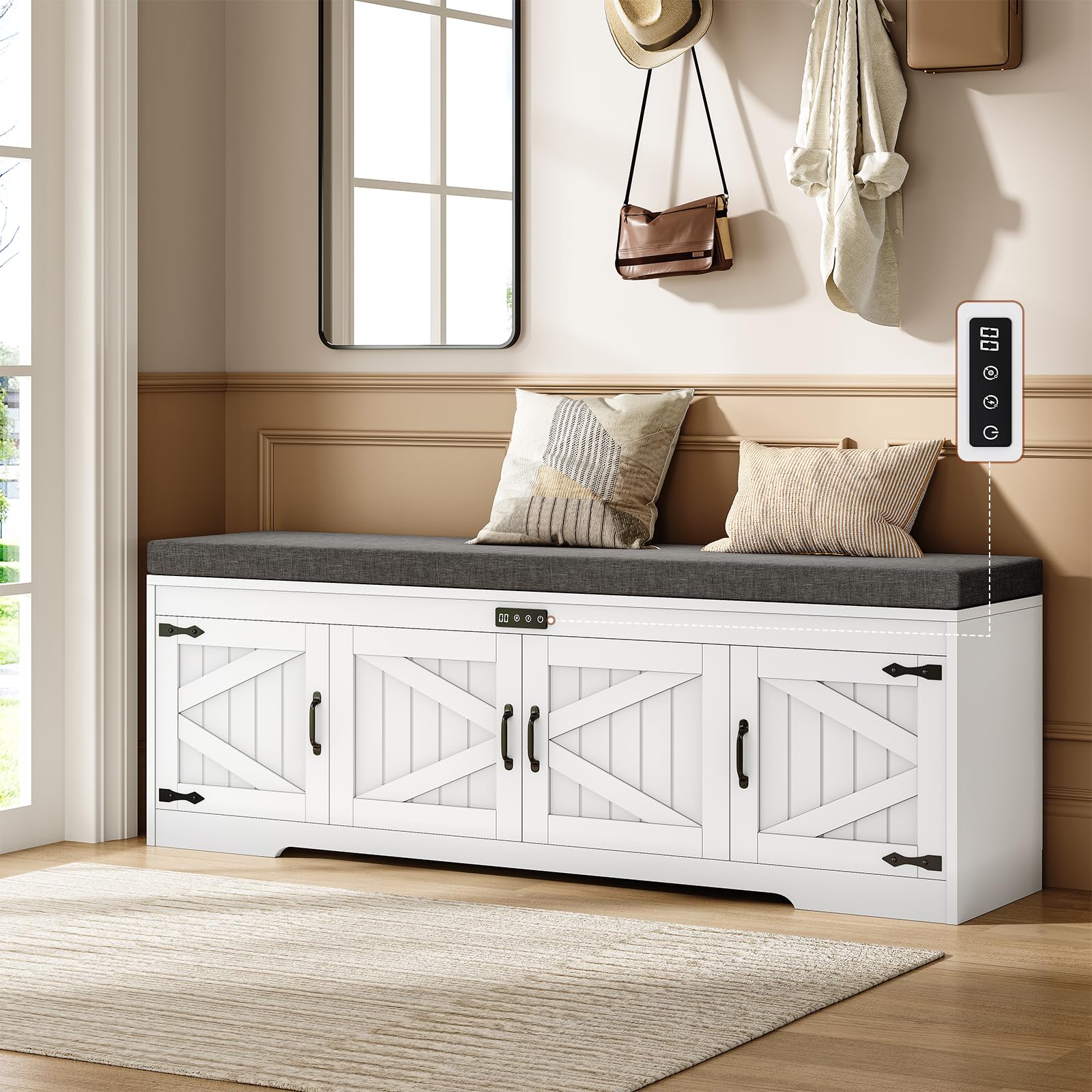 UPOSOJA Farmhouse Storage Bench with Cushion, Metal and Wood Shoe Rack Organizer, Adjustable Shelf, Shoe Cabinet with Half Hidden Storage Space, for Entryway, Bedroom, Living Room