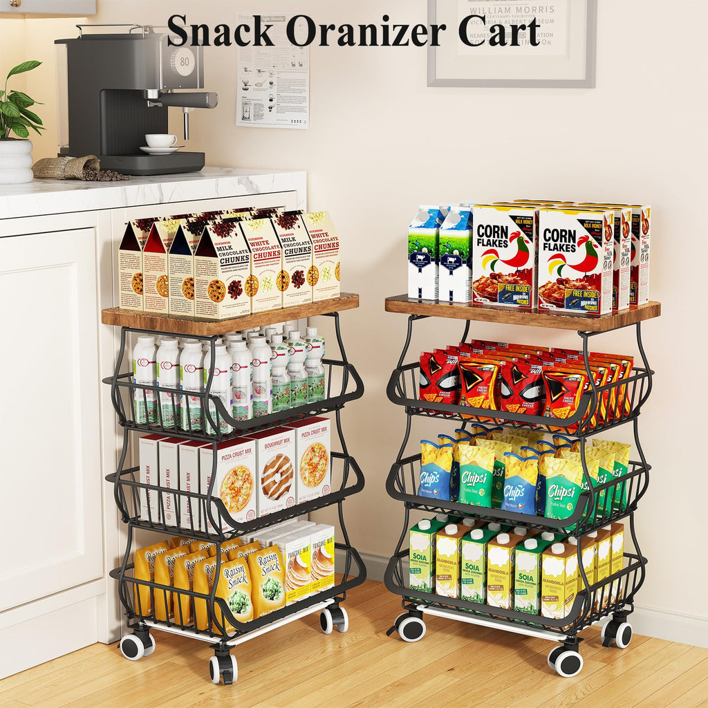 SAYZH Fruit Basket Kitchen Pantry Organizers and Storage - Wooden Top Table, Stackable Metal Wire Basket Stand Cart for Fruit Vegetable Snacks Onion Potato Organization
