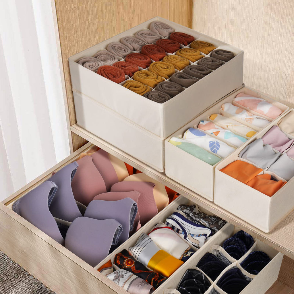 Criusia Sock Underwear Drawer Organizer Dividers, Fabric Foldable Dresser Closet Organizers and Storage Bins for Baby Clothing, Women Men Underwear Socks, Bra, Ties, Scarf