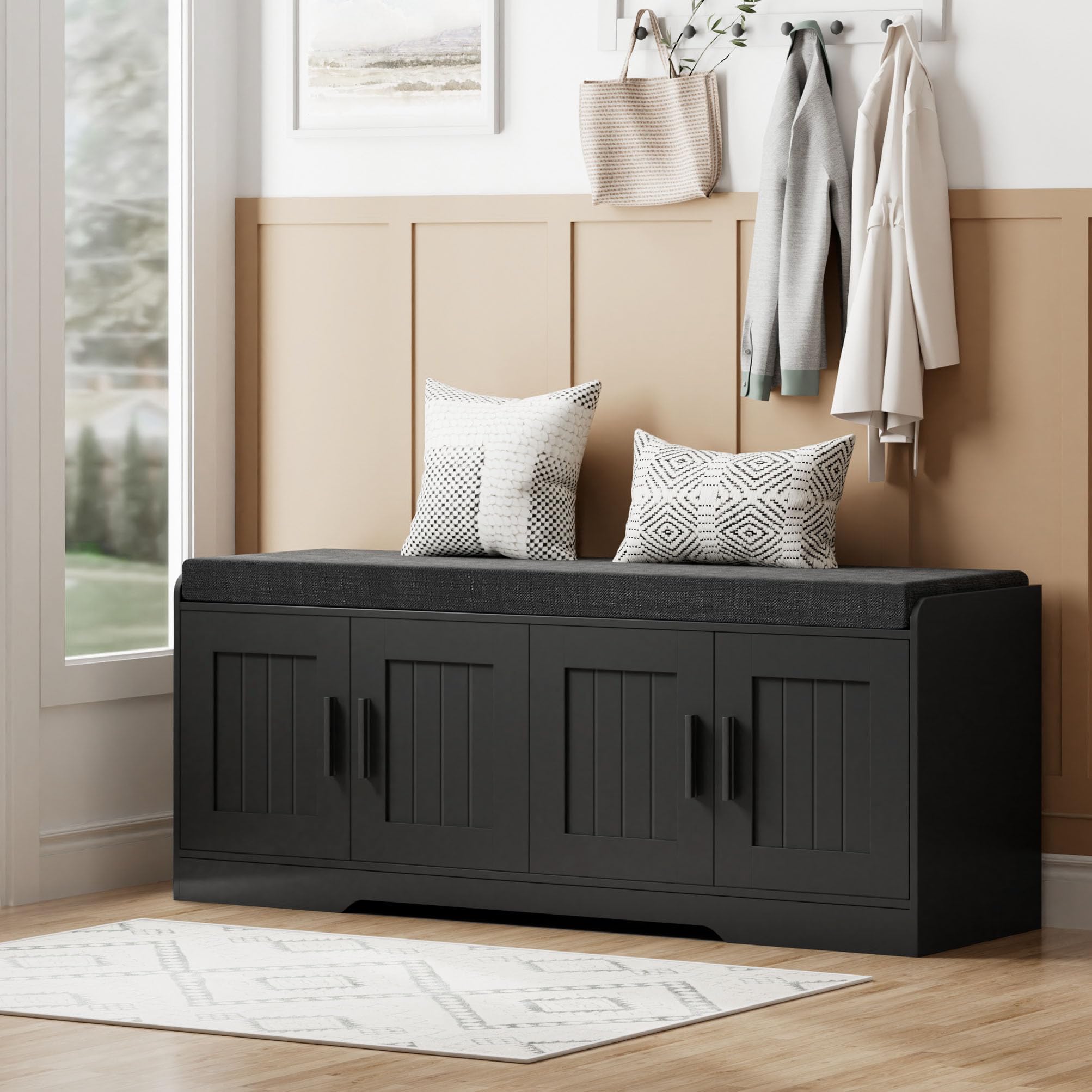 Homleke 2-Tier Storage Bench, Shoe Bench with Padded Seat Cushion, Entryway Bench with Doors, Adjustable Shelf, for Entryway, Living Room, Bedroom