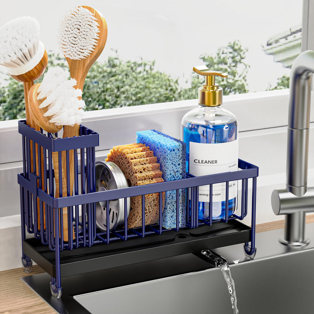 Cisily Sponge Holder for Kitchen Sink, Sink Caddy Organizer with High Brush Holder, Kitchen Countertop Organizers and Storage Essentials
