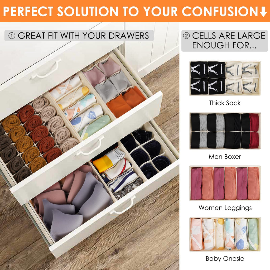 Criusia Sock Underwear Drawer Organizer Dividers, Fabric Foldable Dresser Closet Organizers and Storage Bins for Baby Clothing, Women Men Underwear Socks, Bra, Ties, Scarf