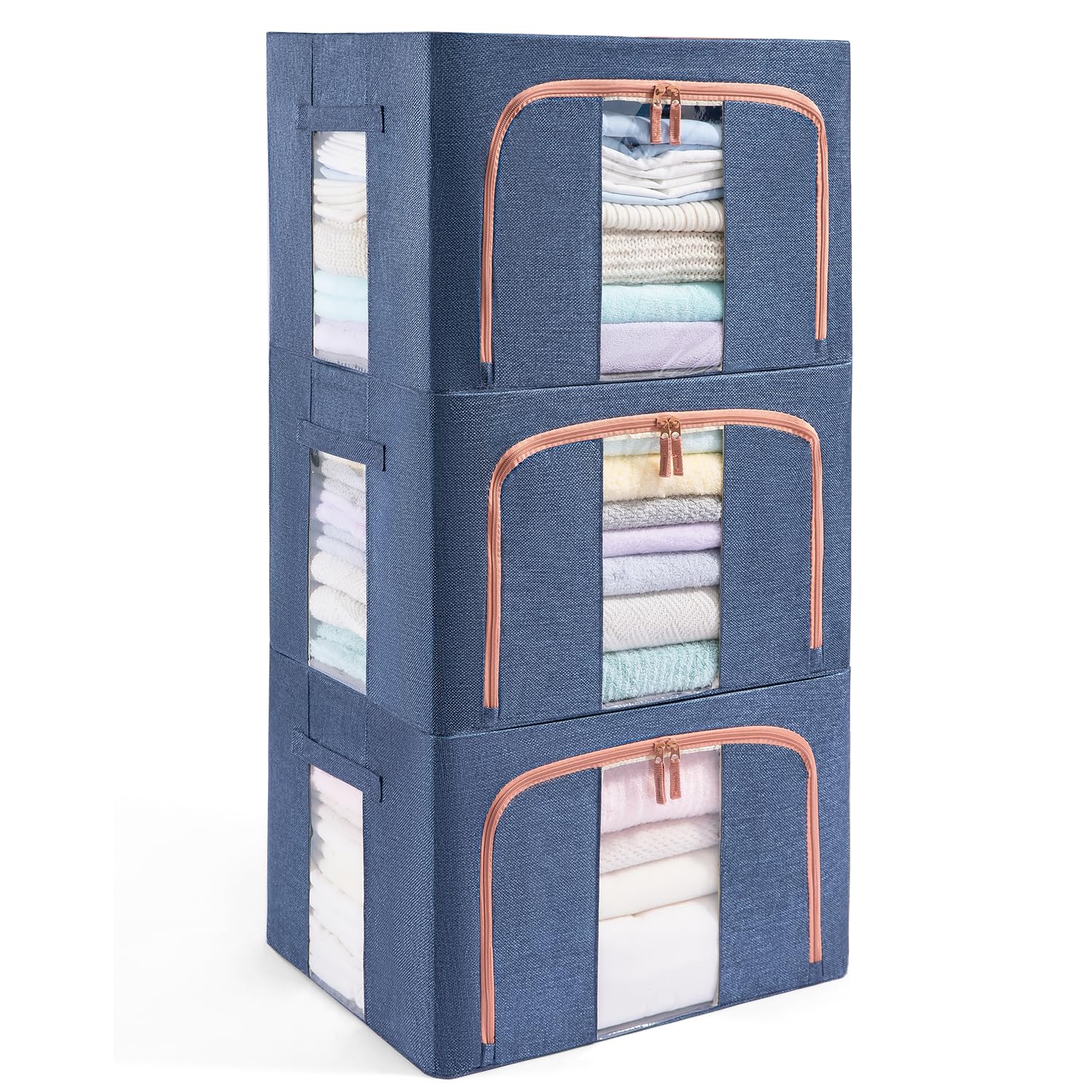 GuliPostan 3 Pack 100L Stackable Clothes Storage Bins with Metal Frame Handles & Zipper, Collapsible Closet Organizer Box with Lid for Bedding Blankets Towel (Beige)