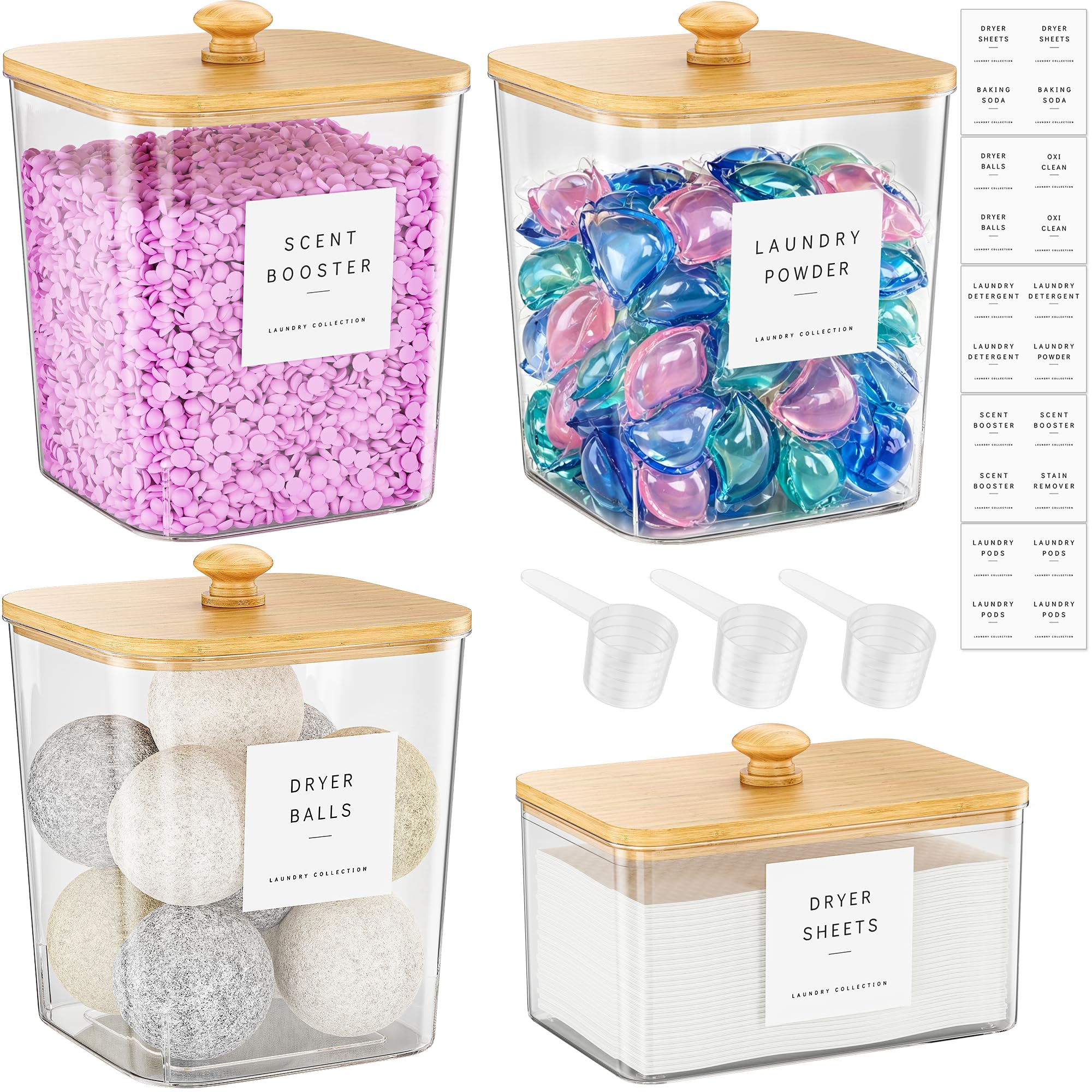 Moforoco 4 Pack Laundry Pods Container, Clear Laundry Room Organization Containers,Large Detergent Powder Storage, Black Wooden Lids & Labels, Acrylic Pods Holder