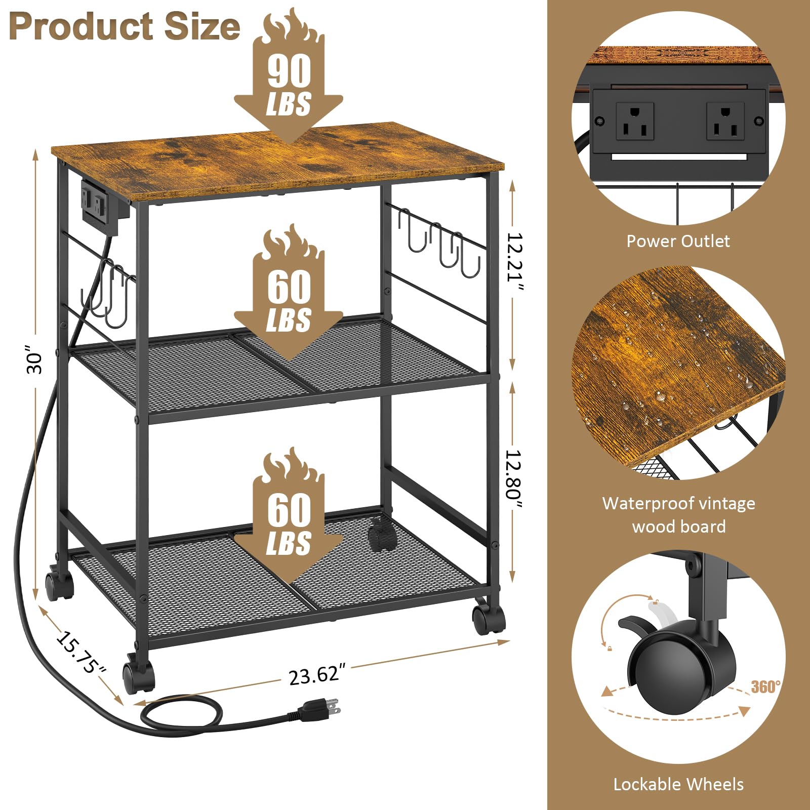 ThreeHio Rolling Kitchen Microwave Cart, 3 Tier Microwave Table Stand with Storage, Kitchen Utility Cart on Lockable Wheels, Small Coffee Cart Shelf Rack Organizer for Living Room Office, Balcony