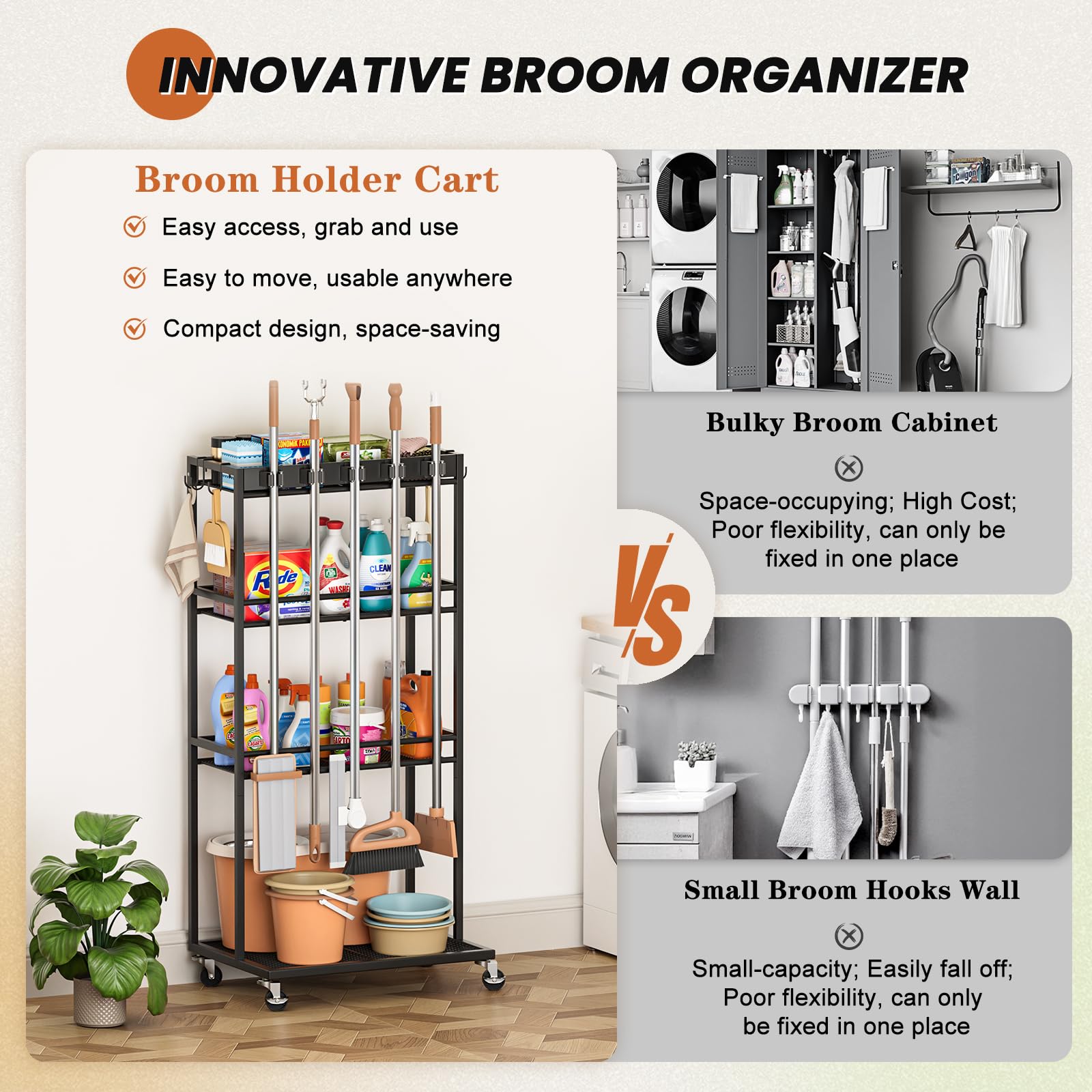 Broom Holder with Cleaning Supplies Organizer