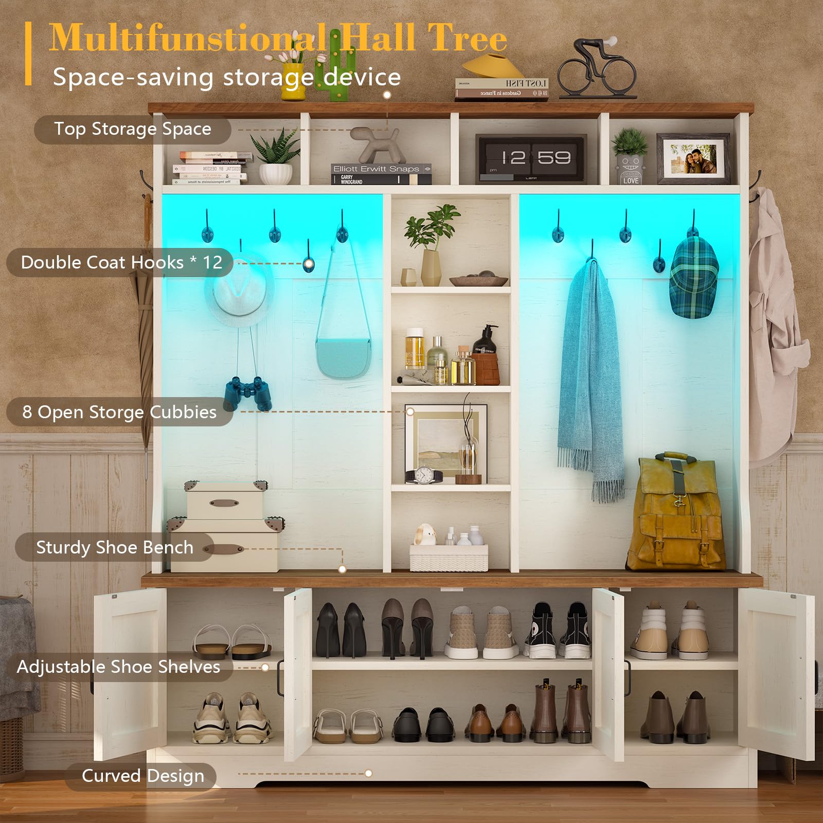 CSZZD Hall Tree with Bench and Shoe Storage, Farmhouse Entryway Bench with Coat Racks and Led Lights, Tall Hall Tree with 7 Coat Hooks, 6 Storage Cubbies