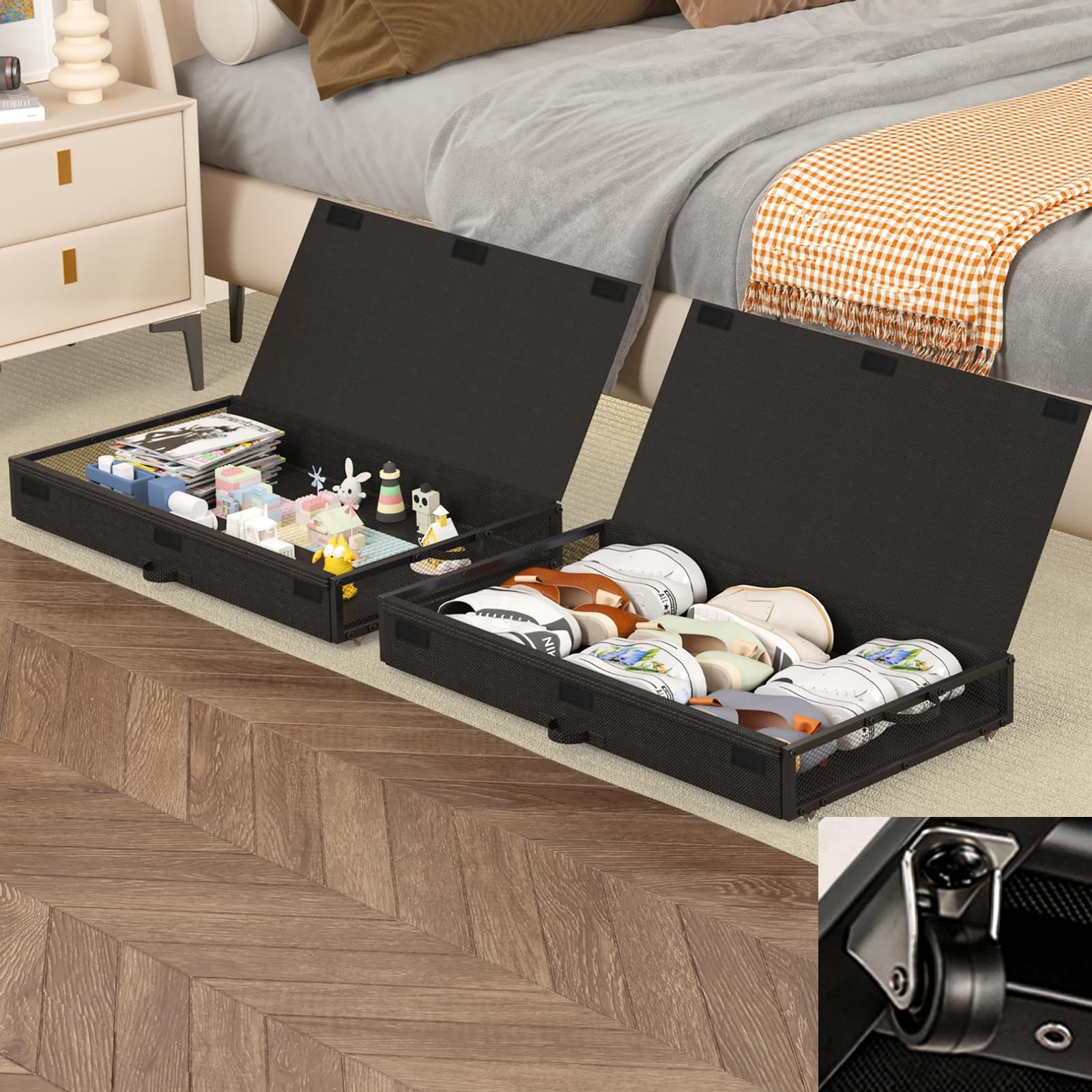 Fokyfok 2 Pack Under the Bed Storage Containers,31 inch Long Underbed Storage with Wheels,12 inch Height Under Bed Shoe Storage,Large Rolling under bed Clothes Storage Drawers with Lid for Dorm,Parent