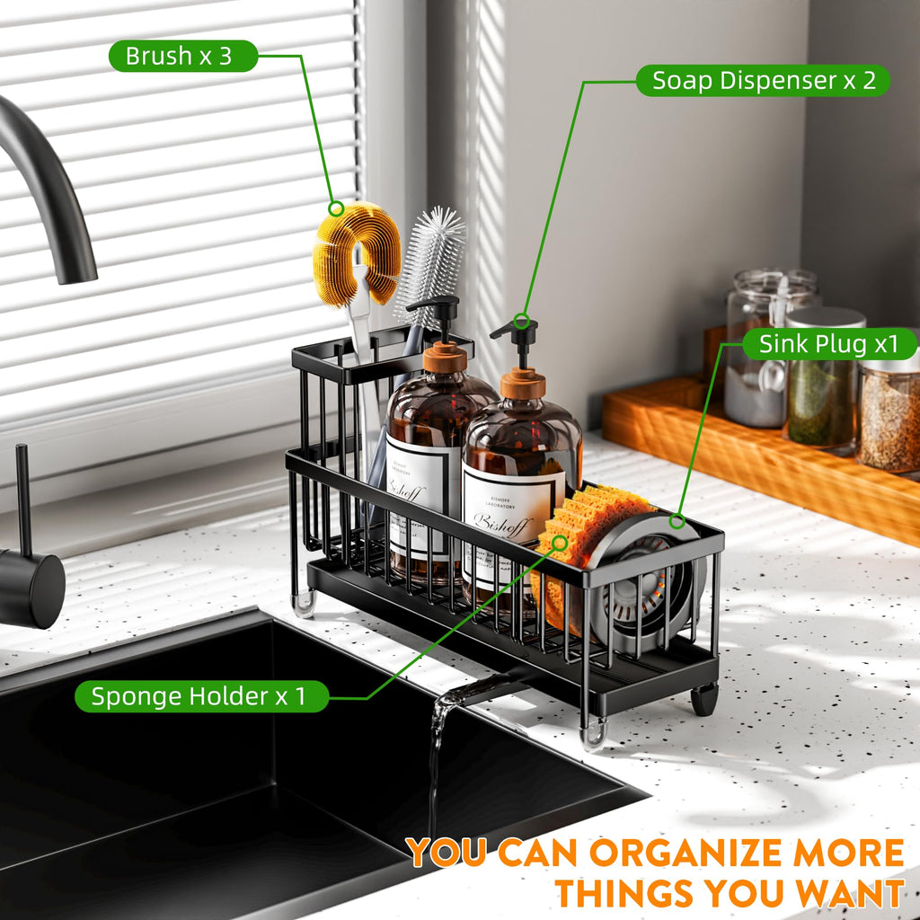 Cisily Sponge Holder for Kitchen Sink, Sink Caddy Organizer with High Brush Holder, Kitchen Countertop Organizers and Storage Essentials