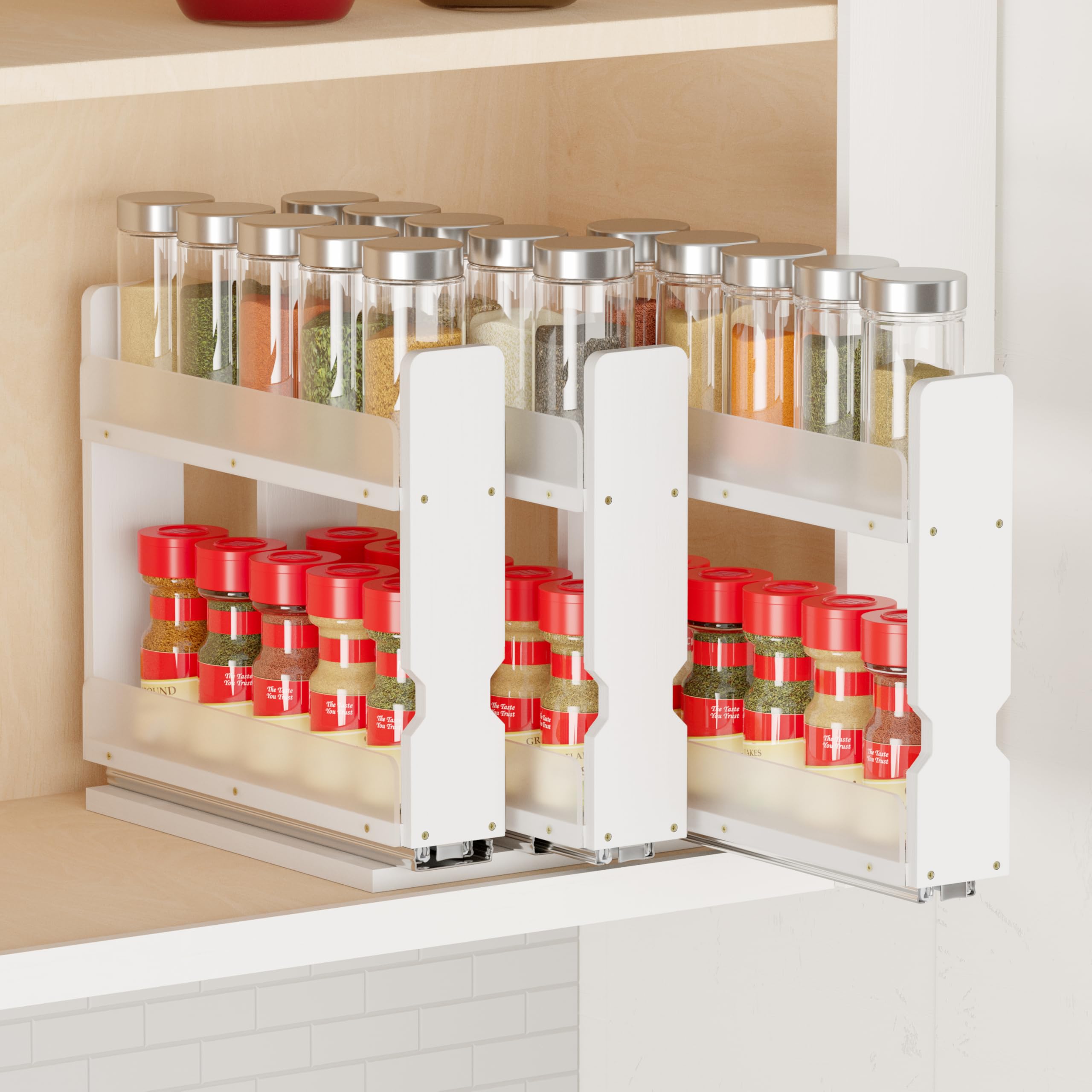 SpaceAid Bamboo Pull Out Spice Rack Organizer for Cabinet, Heavy Duty Slide Out Seasoning Kitchen Pantry Sliding Vertical Organization, 7.6" Wide, 3 Drawers(2" Wide), 2-Tier