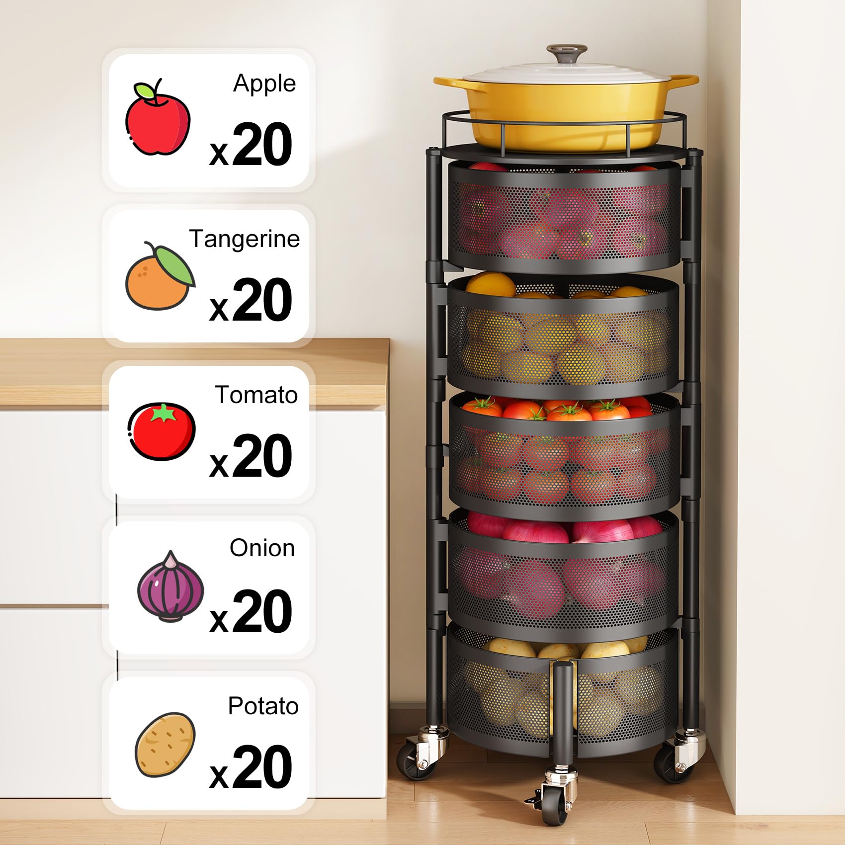 SNTD Fruit and Vegetable Basket Bowls for Kitchen with Metal Top Lid, 5 Tier Rotating Storage Rack Cart for Potato Onion Bread Banana, Wire Basket Organizer on Wheels, Large