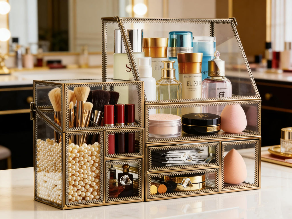 Glass Bathroom Organizer Stackable Drawer Set Makeup Organizer for Vanity Antique Countertop Cosmetic Storage Box Mirror Glass Beauty Display, Holder for Brushes Lipsticks Skincare Toner/free Pearl