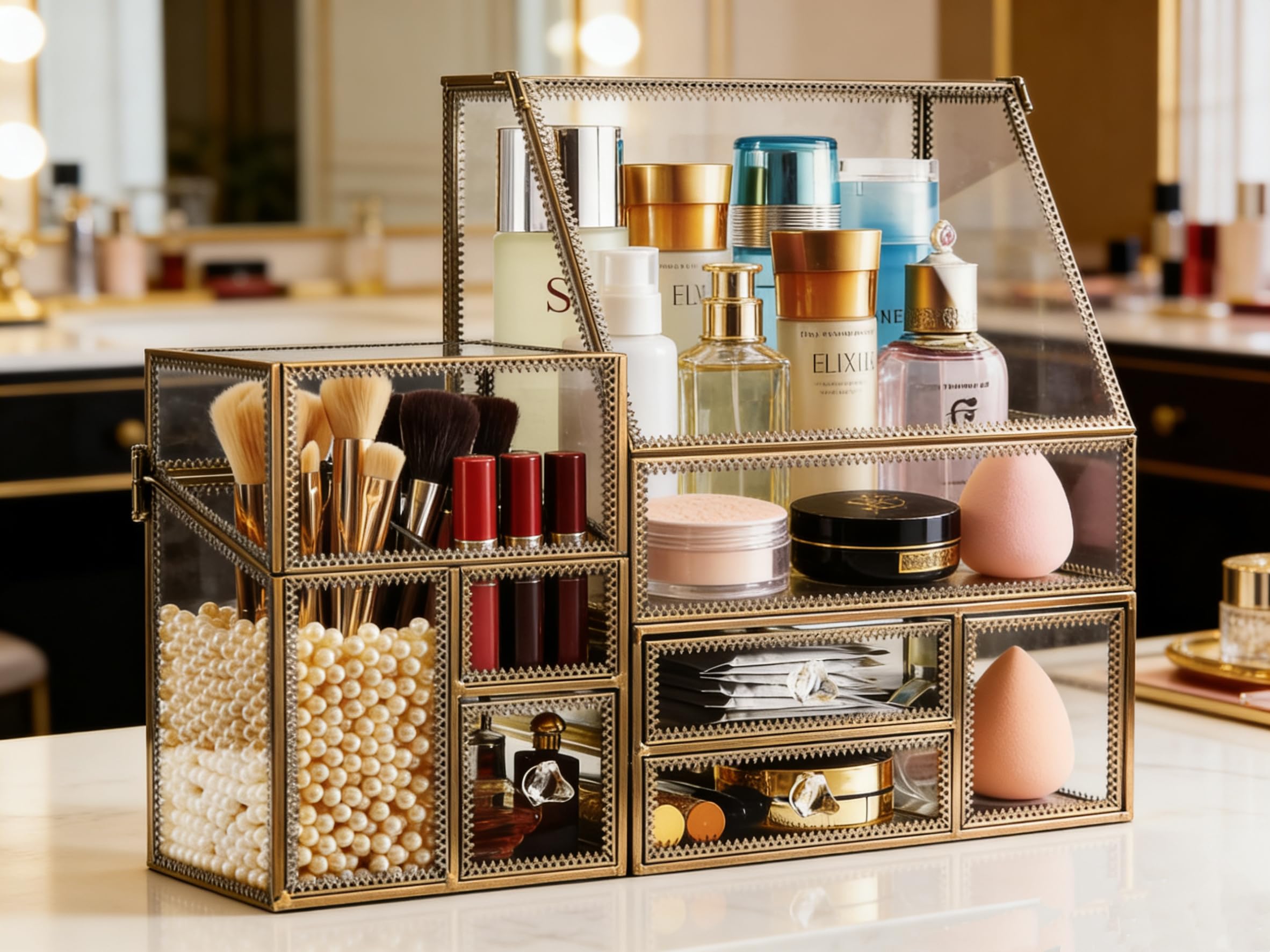Glass Bathroom Organizer Stackable Drawer Set Makeup Organizer for Vanity Antique Countertop Cosmetic Storage Box Mirror Glass Beauty Display, Holder for Brushes Lipsticks Skincare Toner/free Pearl