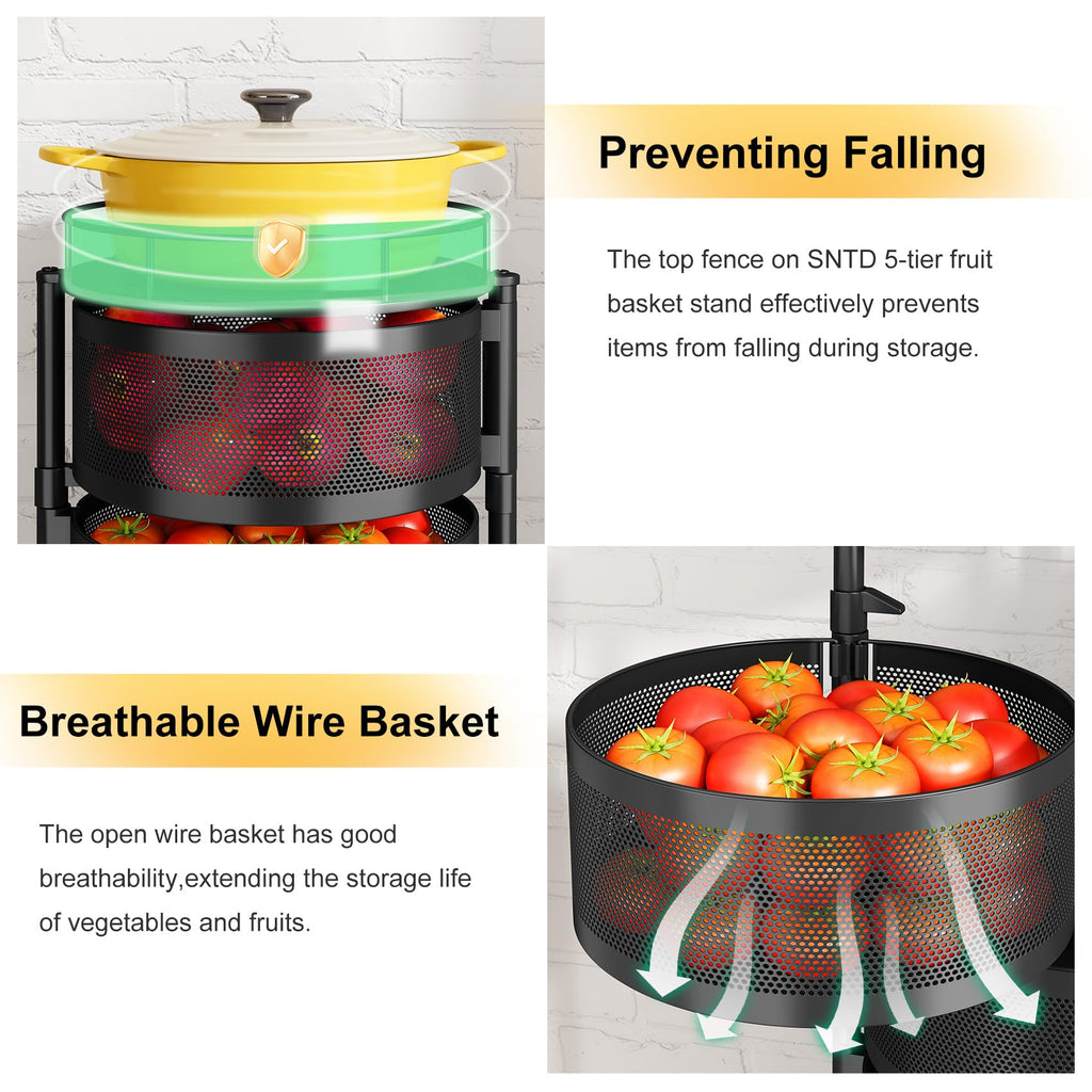 SNTD Fruit and Vegetable Basket Bowls for Kitchen with Metal Top Lid, 5 Tier Rotating Storage Rack Cart for Potato Onion Bread Banana, Wire Basket Organizer on Wheels, Large