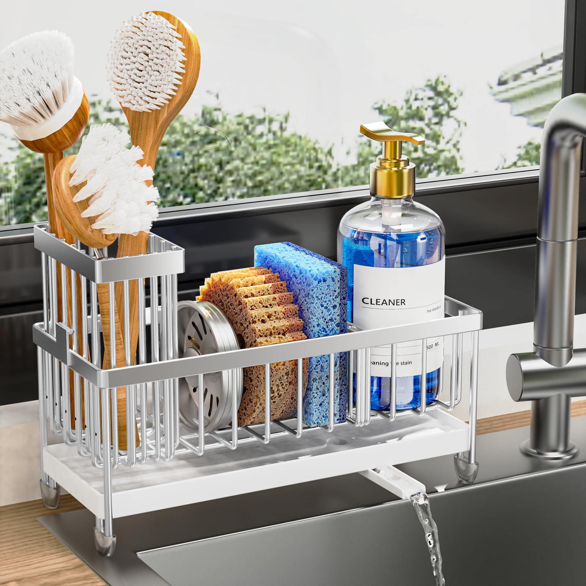 Cisily Sponge Holder for Kitchen Sink, Sink Caddy Organizer with High Brush Holder, Kitchen Countertop Organizers and Storage Essentials