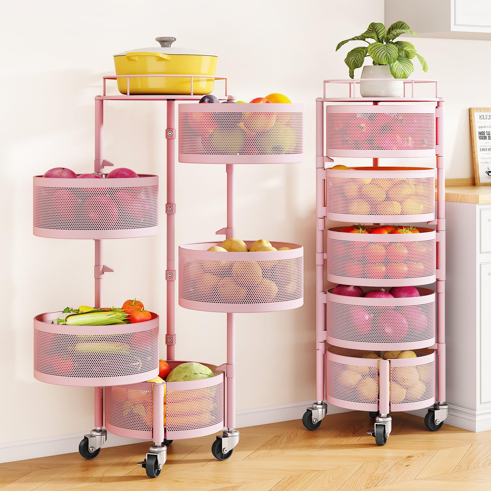 SNTD Fruit and Vegetable Basket Bowls for Kitchen with Metal Top Lid, 5 Tier Rotating Storage Rack Cart for Potato Onion Bread Banana, Wire Basket Organizer on Wheels, Large