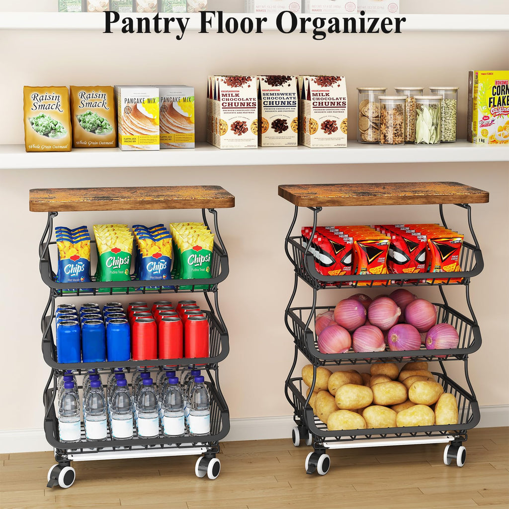 SAYZH Fruit Basket Kitchen Pantry Organizers and Storage - Wooden Top Table, Stackable Metal Wire Basket Stand Cart for Fruit Vegetable Snacks Onion Potato Organization