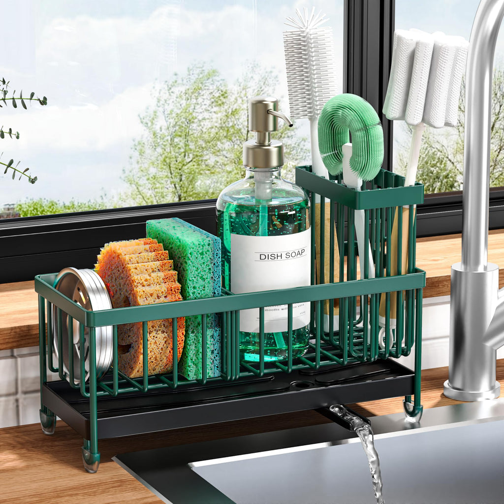 Cisily Sponge Holder for Kitchen Sink, Sink Caddy Organizer with High Brush Holder, Kitchen Countertop Organizers and Storage Essentials
