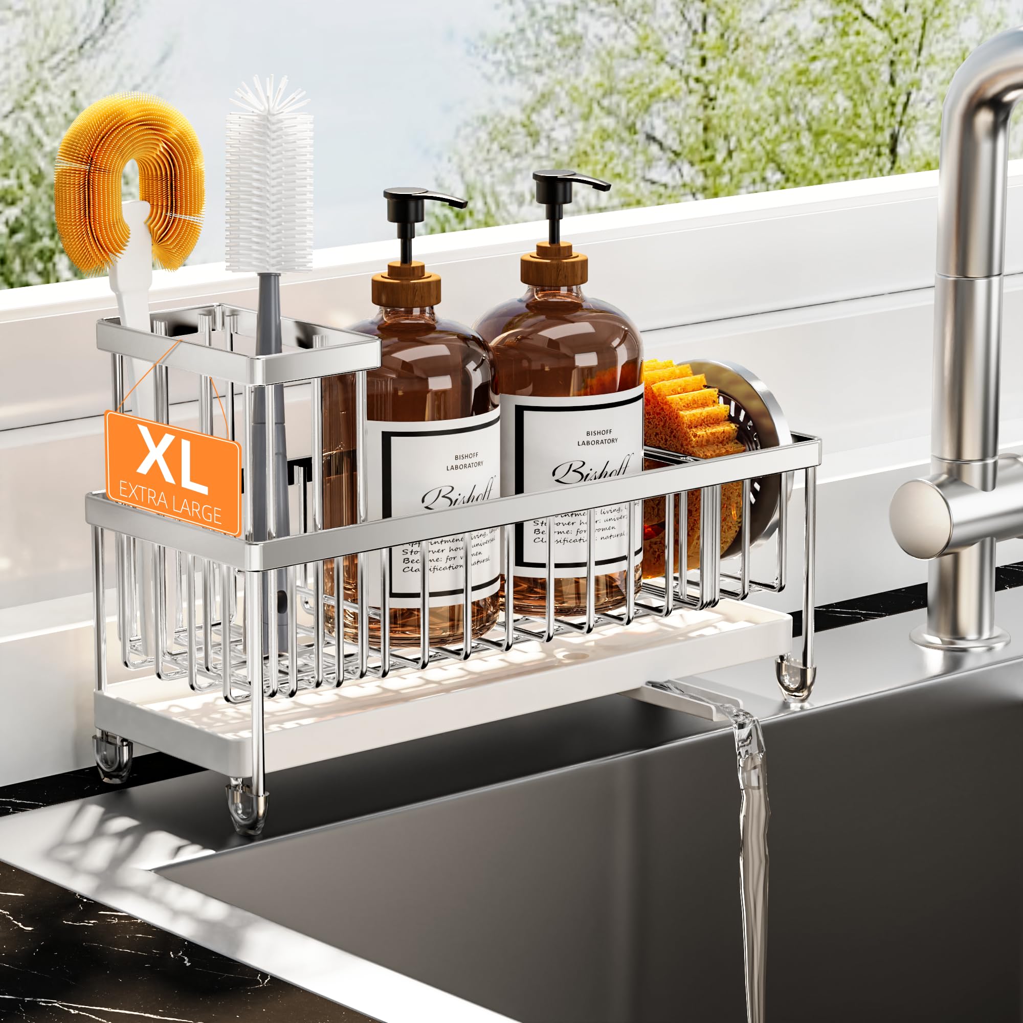 Cisily Sponge Holder for Kitchen Sink, Sink Caddy Organizer with High Brush Holder, Kitchen Countertop Organizers and Storage Essentials