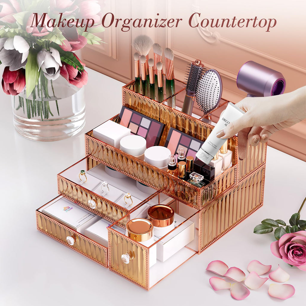 Youdepot Makeup Organizer - Tempered Glass Vanity Organizer for Cosmetics, Skincare, Hair Tools, Brushes, Perfume - Multipurpose Bathroom Counter Skincare Organizer