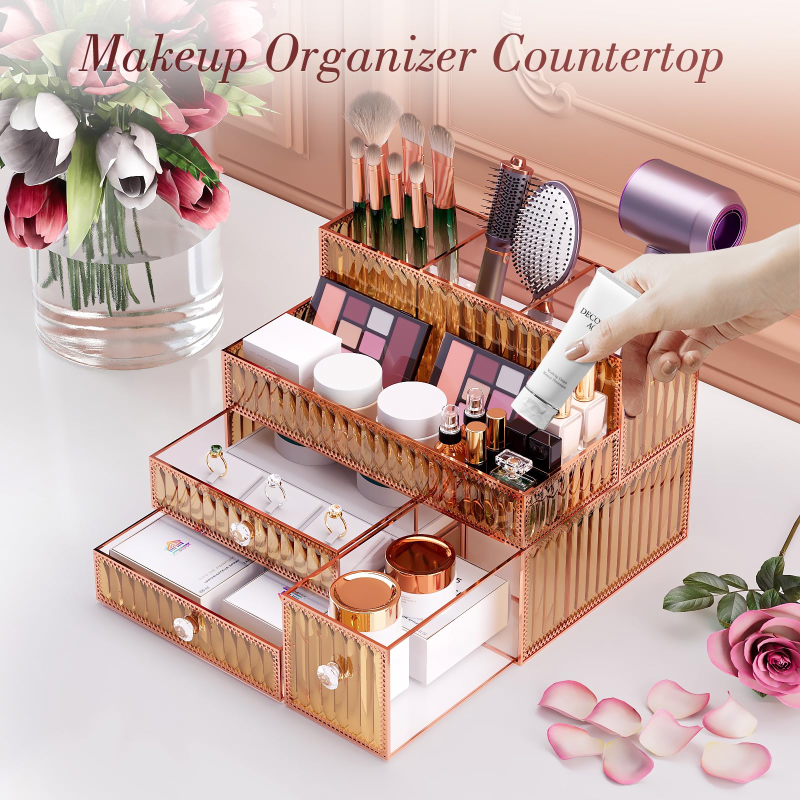 Youdepot Makeup Organizer - Tempered Glass Vanity Organizer for Cosmetics, Skincare, Hair Tools, Brushes, Perfume - Multipurpose Bathroom Counter Skincare Organizer