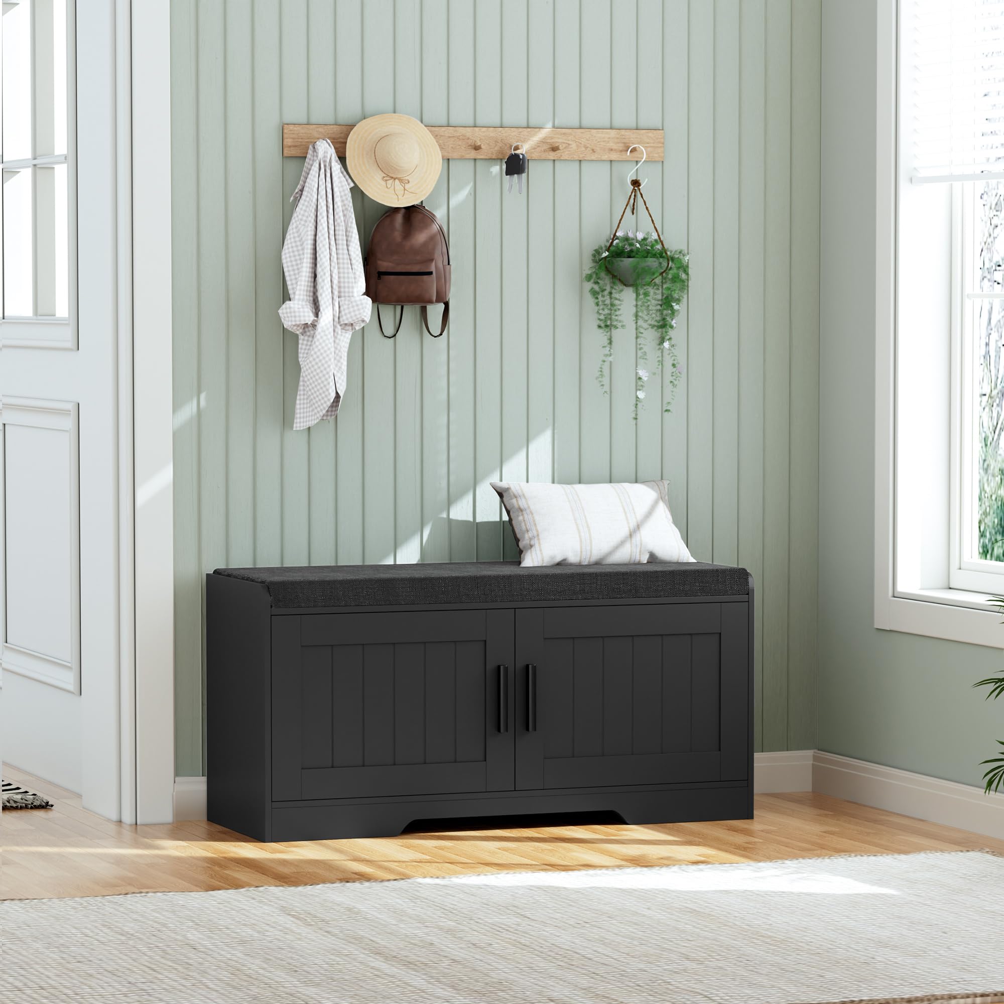 Homleke 2-Tier Storage Bench, Shoe Bench with Padded Seat Cushion, Entryway Bench with Doors, Adjustable Shelf, for Entryway, Living Room, Bedroom