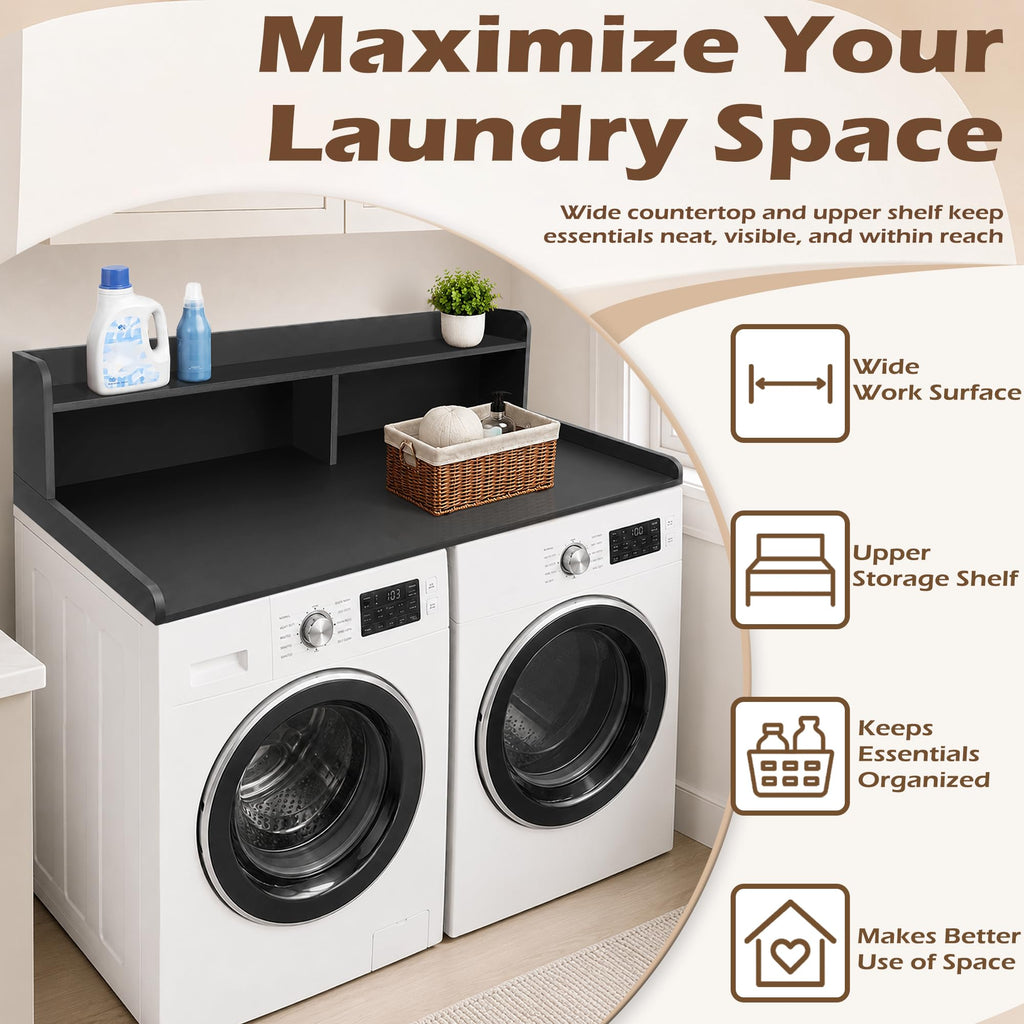 Royxen Laundry Countertop with 2-Tier Shelf Universal Fit, Washer and Dryer Countertop with Storage Space, Shelf Height 12 Inches, Solid Wood