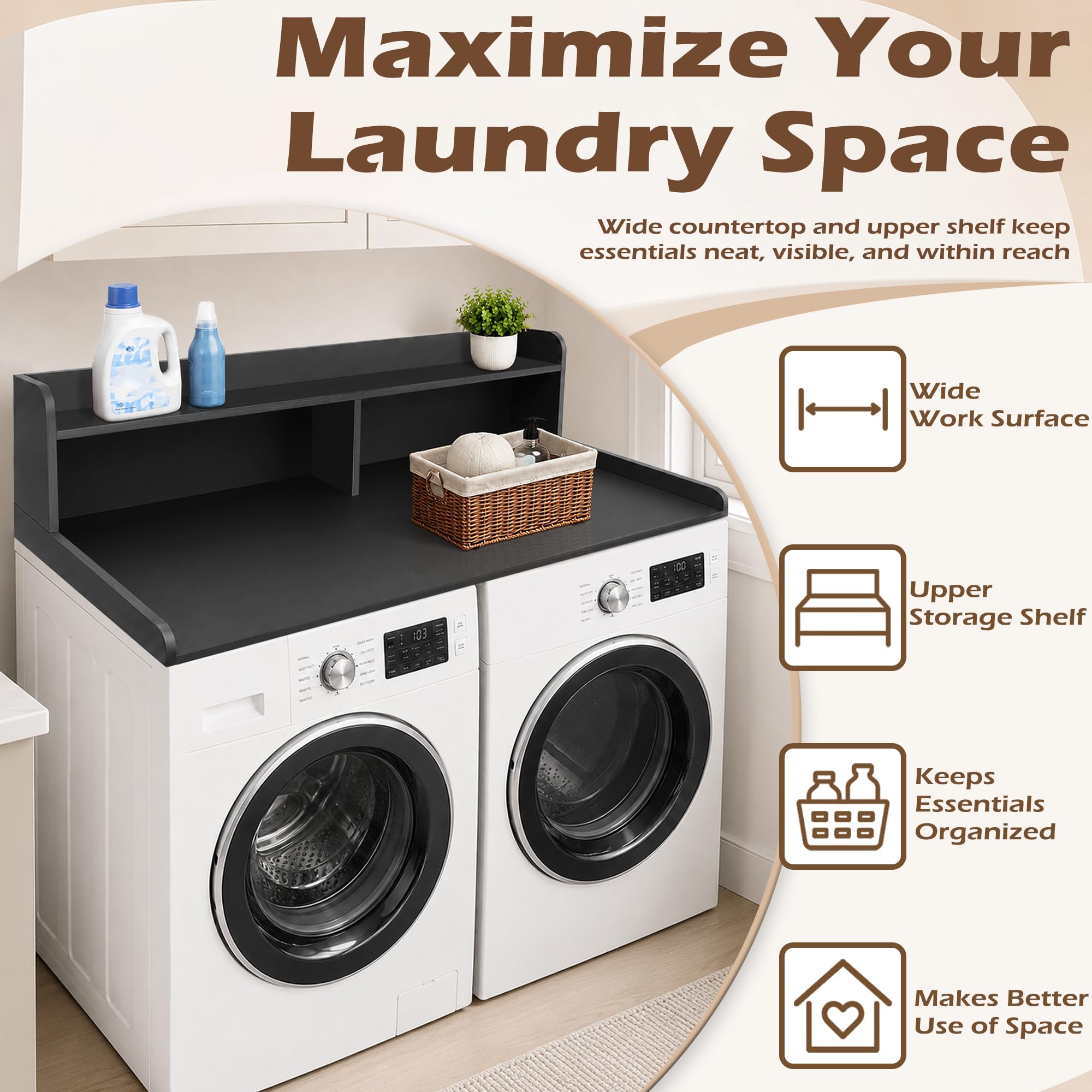 Royxen Laundry Countertop with 2-Tier Shelf Universal Fit, Washer and Dryer Countertop with Storage Space, Shelf Height 12 Inches, Solid Wood