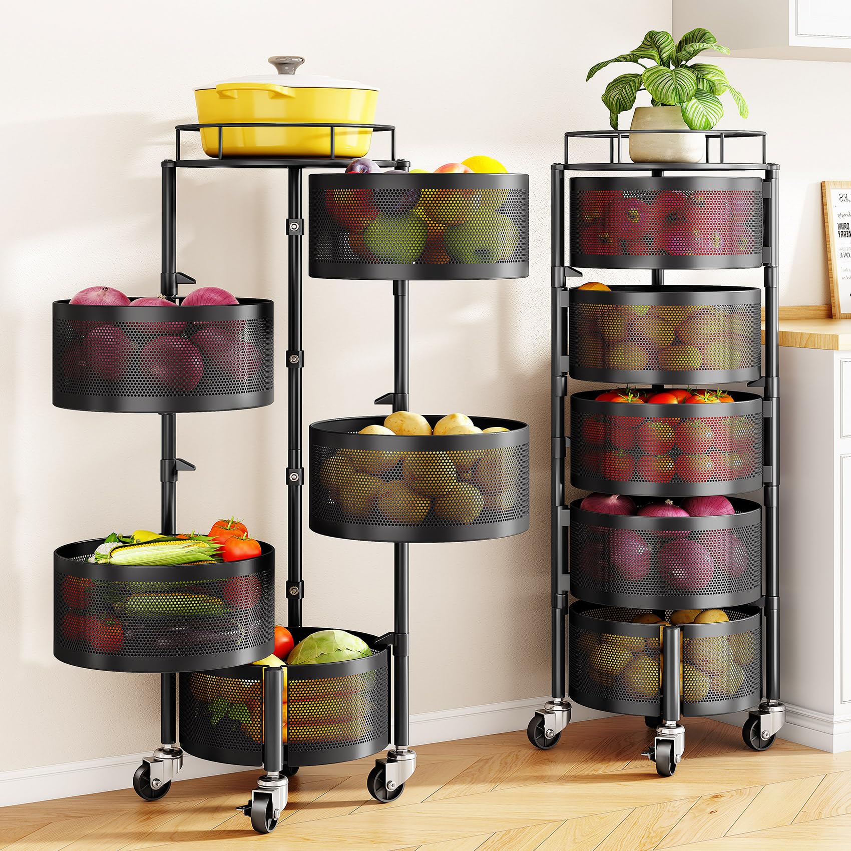 SNTD Fruit and Vegetable Basket Bowls for Kitchen with Metal Top Lid, 5 Tier Rotating Storage Rack Cart for Potato Onion Bread Banana, Wire Basket Organizer on Wheels, Large