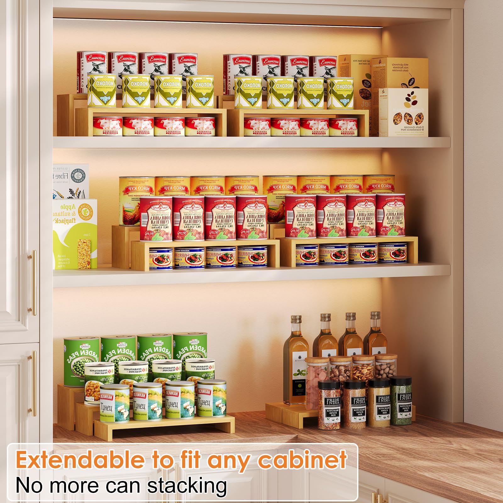 2 Sets Bamboo Can Organizer for Pantry, 3-Tier 6-Piece Adjustable Cabinet Can Display Rack, Soda Can Organizer Holds Up to 31 Cans, Canned Goods Storage Holder for Pantry, Cabinet, Countertop