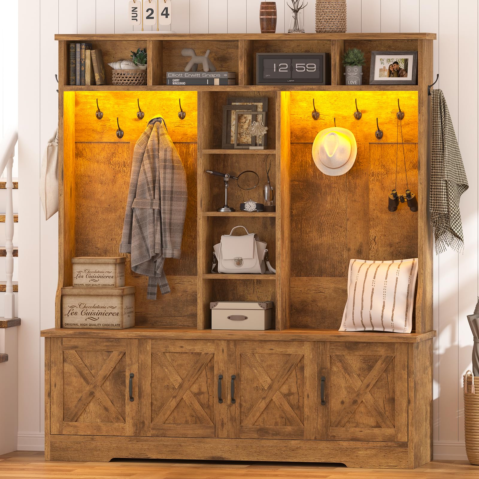 CSZZD Hall Tree with Bench and Shoe Storage, Farmhouse Entryway Bench with Coat Racks and Led Lights, Tall Hall Tree with 7 Coat Hooks, 6 Storage Cubbies