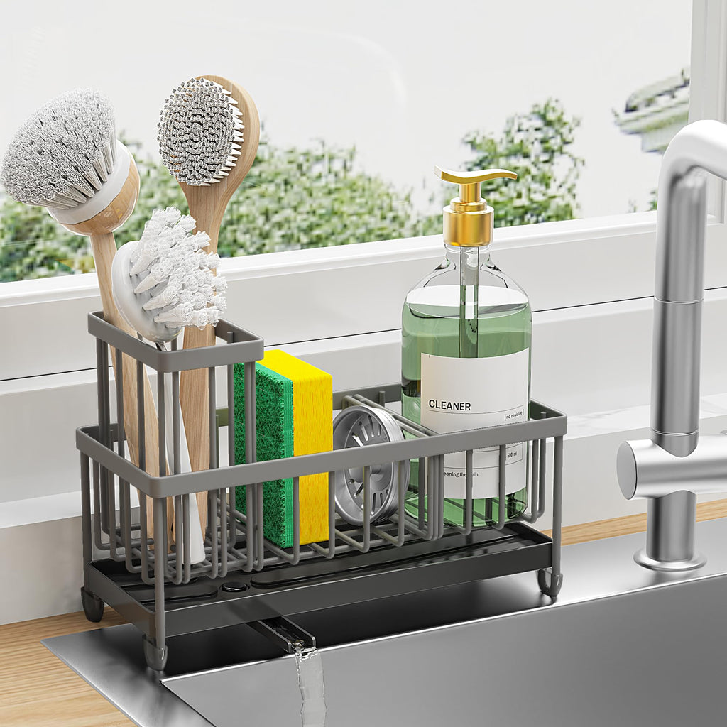 Cisily Sponge Holder for Kitchen Sink, Sink Caddy Organizer with High Brush Holder, Kitchen Countertop Organizers and Storage Essentials