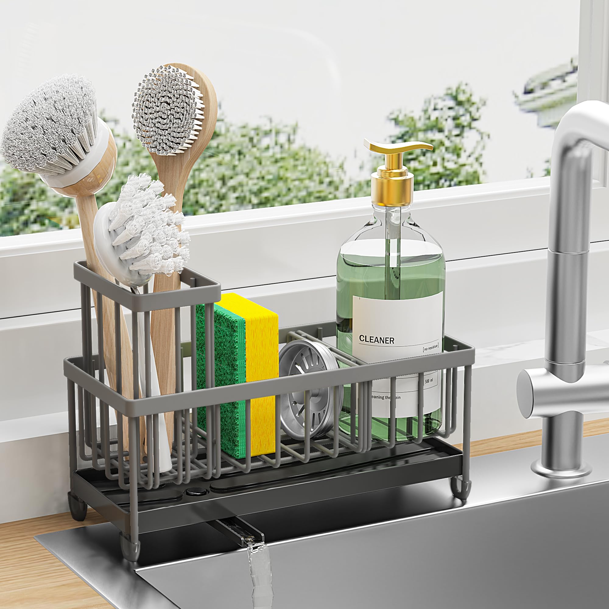 Cisily Sponge Holder for Kitchen Sink, Sink Caddy Organizer with High Brush Holder, Kitchen Countertop Organizers and Storage Essentials