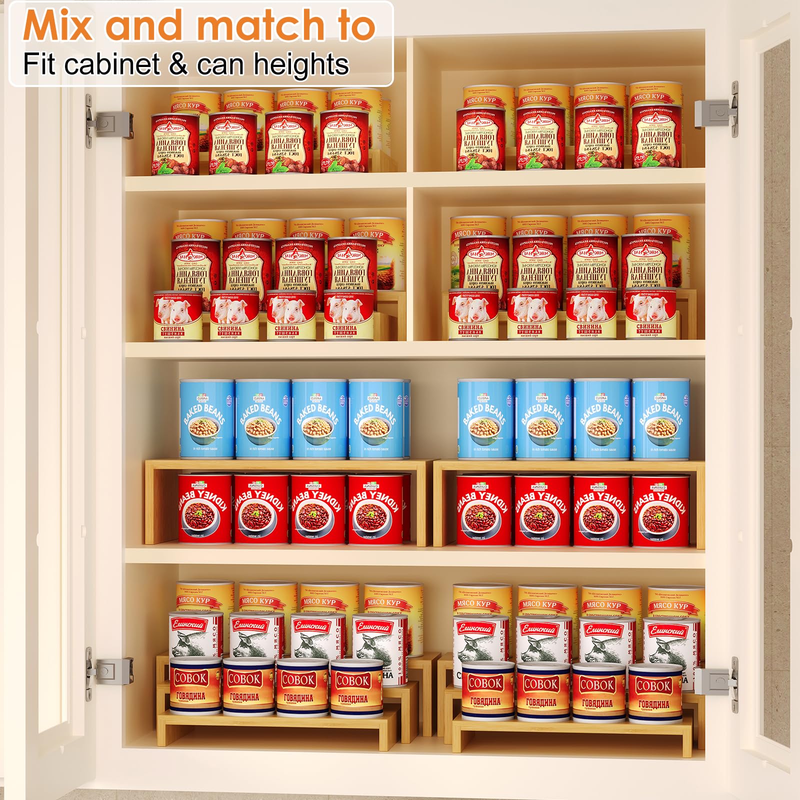 2 Sets Bamboo Can Organizer for Pantry, 3-Tier 6-Piece Adjustable Cabinet Can Display Rack, Soda Can Organizer Holds Up to 31 Cans, Canned Goods Storage Holder for Pantry, Cabinet, Countertop