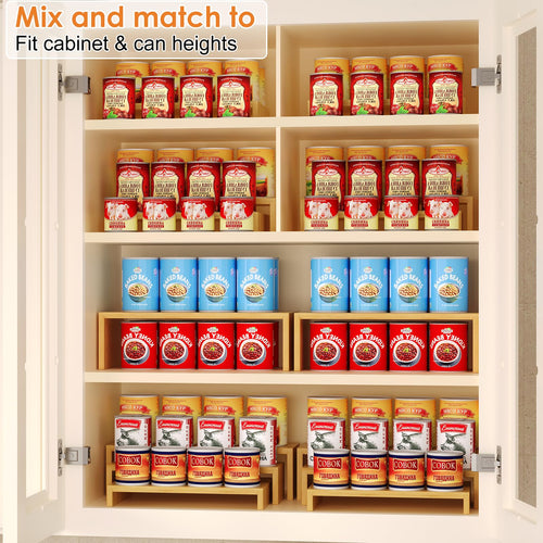2 Sets Bamboo Can Organizer for Pantry, 3-Tier 6-Piece Adjustable Cabinet Can Display Rack, Soda Can Organizer Holds Up to 31 Cans, Canned Goods Storage Holder for Pantry, Cabinet, Countertop
