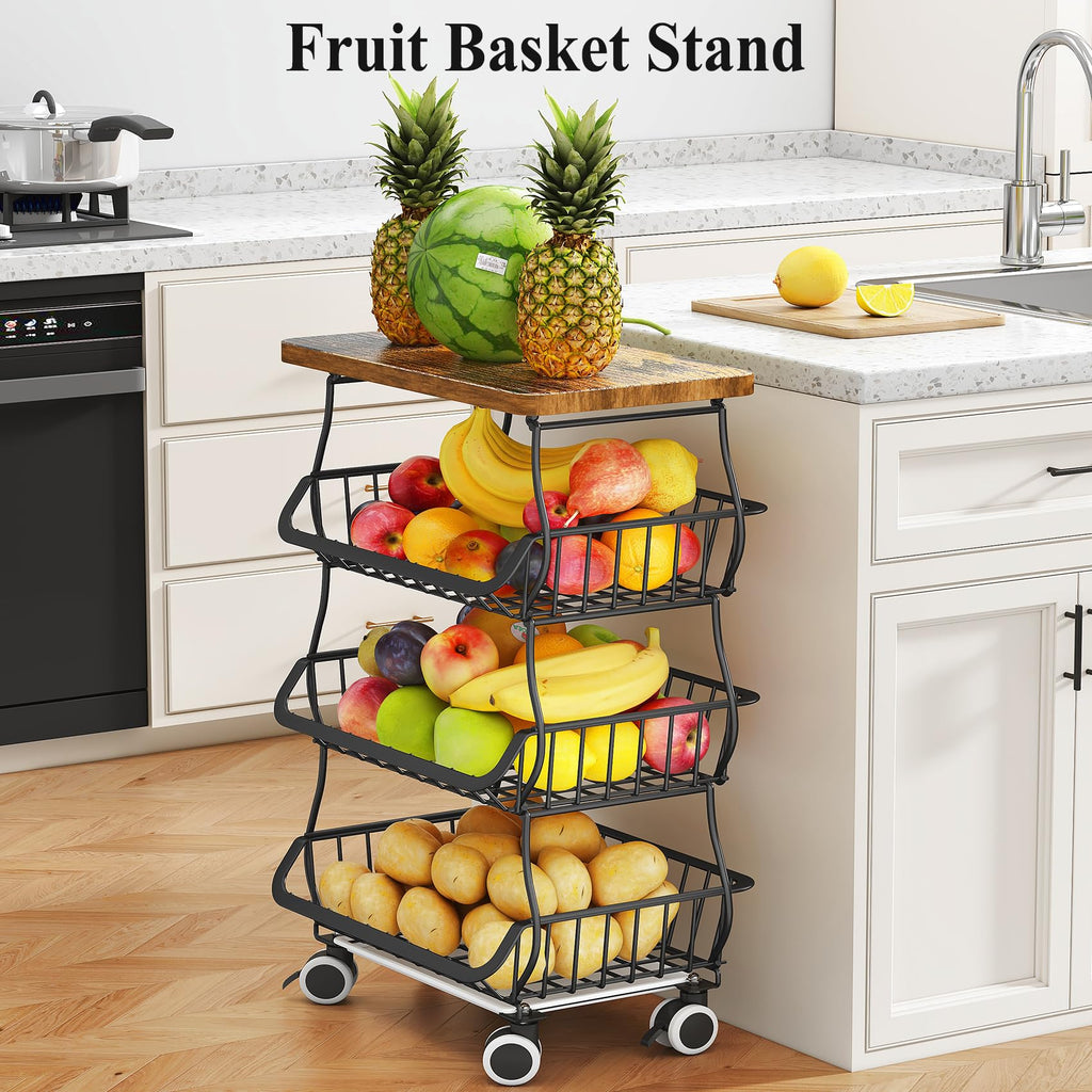 SAYZH Fruit Basket Kitchen Pantry Organizers and Storage - Wooden Top Table, Stackable Metal Wire Basket Stand Cart for Fruit Vegetable Snacks Onion Potato Organization