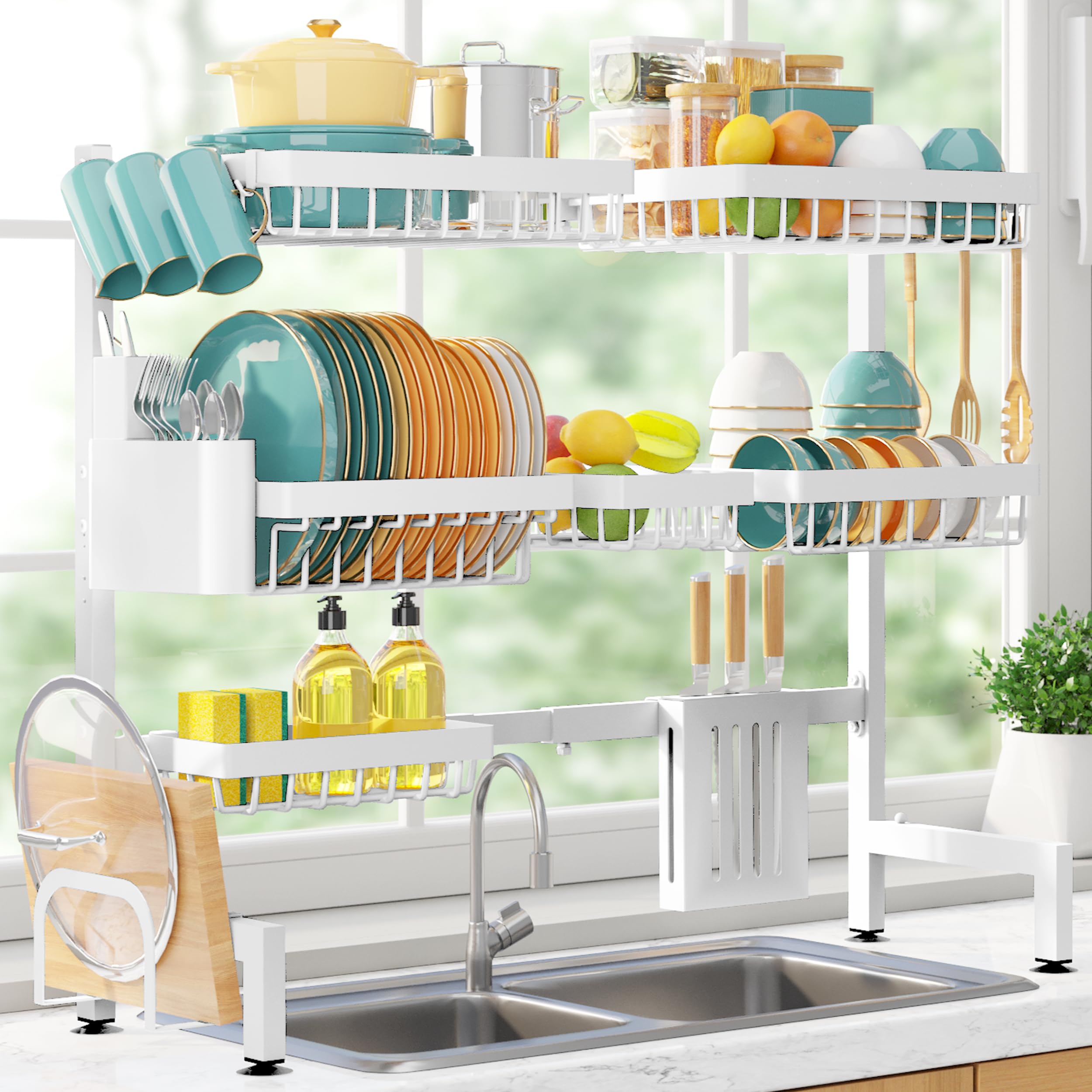 Sakugi Over The Sink Dish Drying Rack - Adjustable Stainless Steel Drainer with Cutlery & Utensil Holders, Kitchen Storage & Organization
