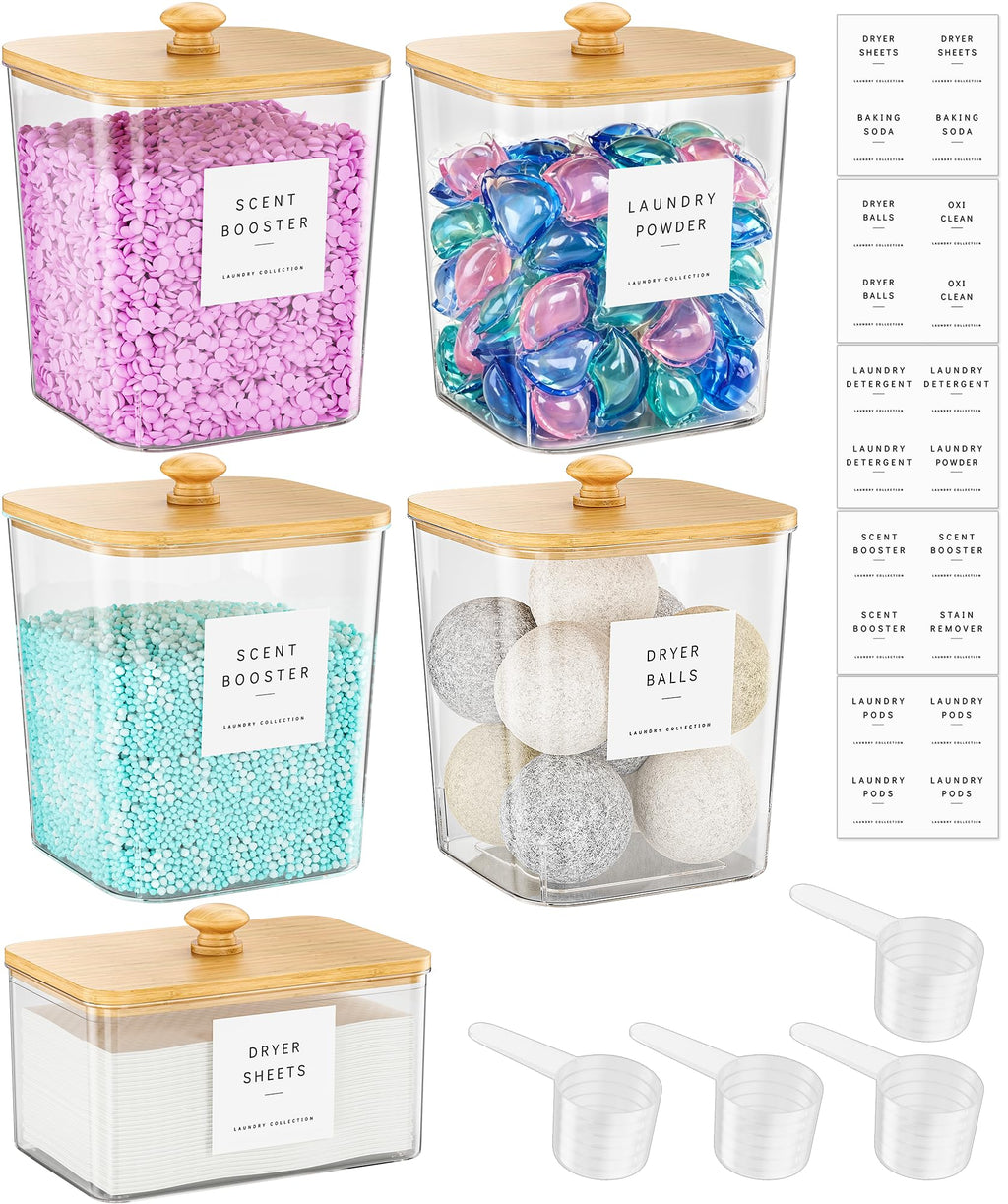 Moforoco 4 Pack Laundry Pods Container, Clear Laundry Room Organization Containers,Large Detergent Powder Storage, Black Wooden Lids & Labels, Acrylic Pods Holder