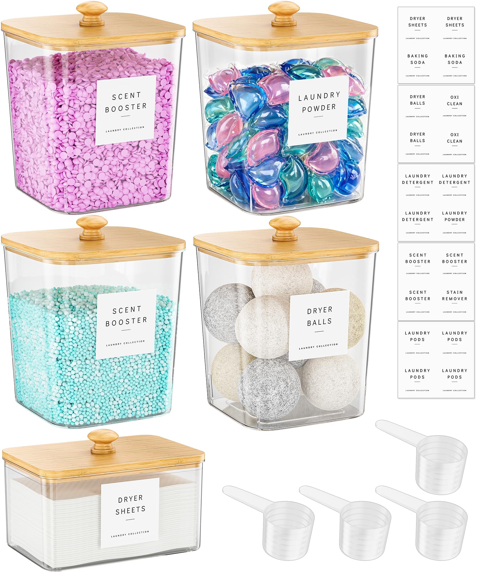 Moforoco 4 Pack Laundry Pods Container, Clear Laundry Room Organization Containers,Large Detergent Powder Storage, Black Wooden Lids & Labels, Acrylic Pods Holder