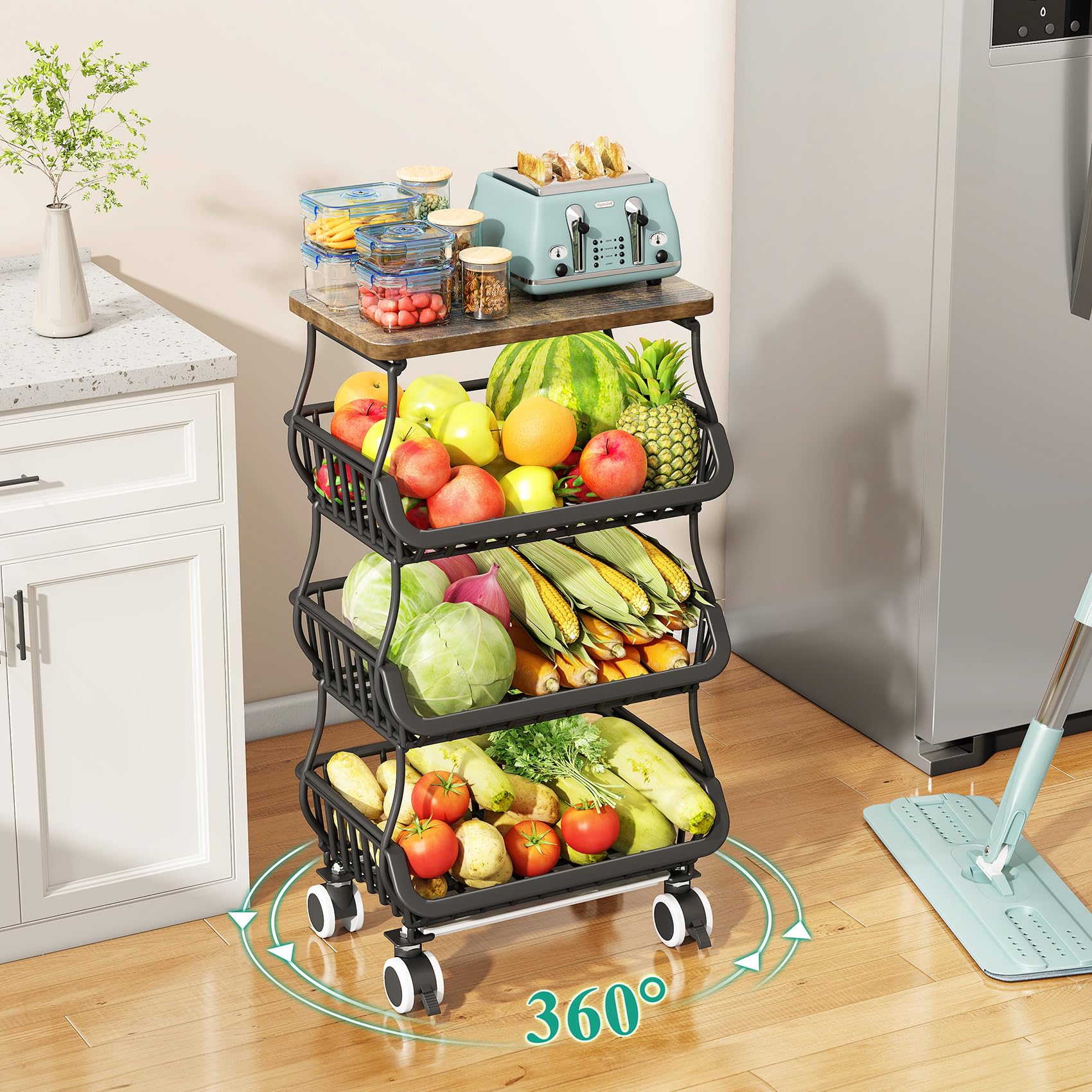 SAYZH Fruit Basket Kitchen Pantry Organizers and Storage - Wooden Top Table, Stackable Metal Wire Basket Stand Cart for Fruit Vegetable Snacks Onion Potato Organization